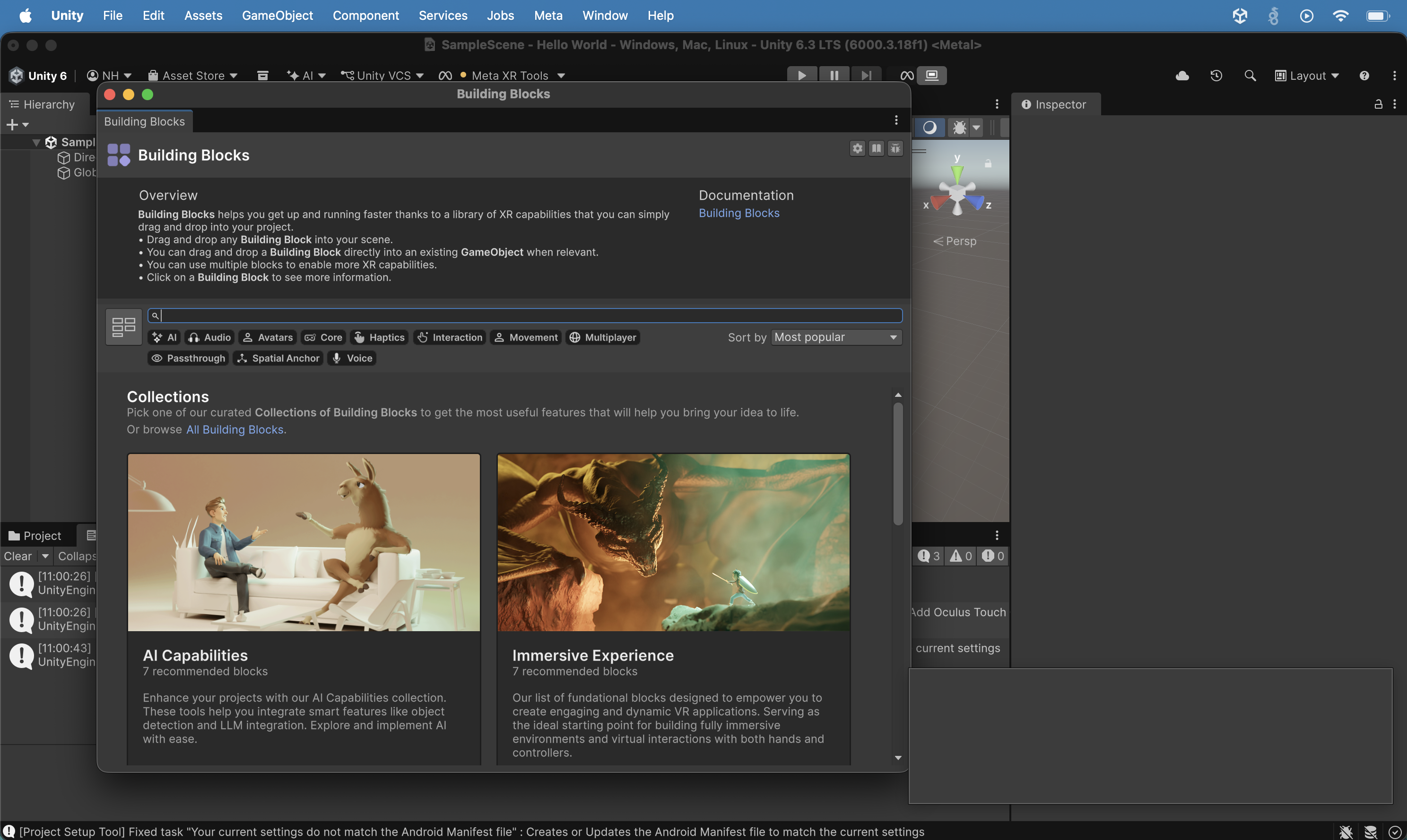 I opened the Building Blocks window and saw Collections with "AI Capabilities" (7 recommended blocks) and "Immersive Experience" (7 recommended blocks), with categories including AI, Audio, Avatars, Core, Haptics, Interaction, Movement, Multiplayer, Passthrough, Spatial Anchor, and Voice.
