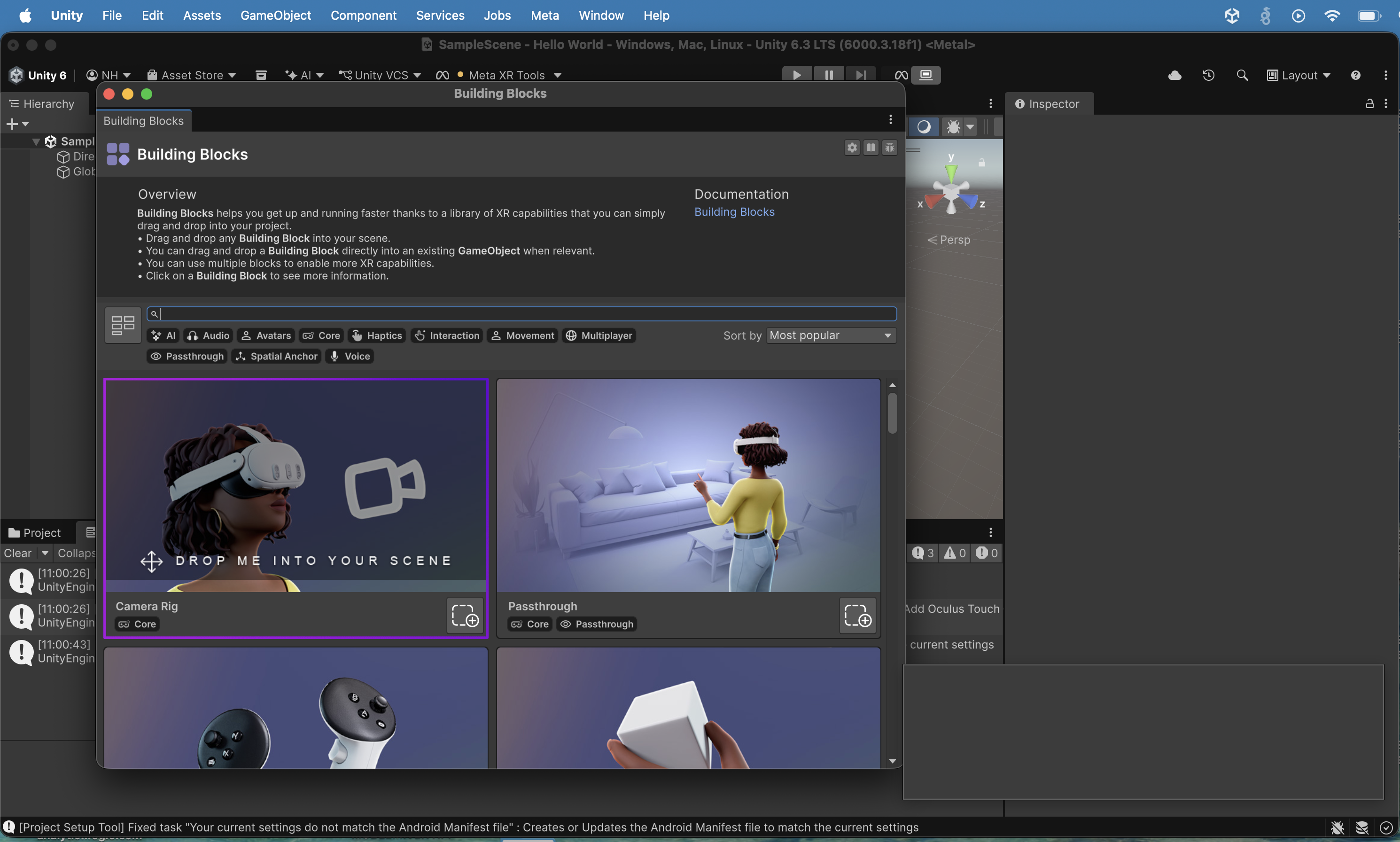 The Building Blocks grid showed the Camera Rig block (Core) highlighted and the Passthrough block, with an overview explaining how to drag and drop blocks into the scene. I dropped a "Camera Rig" block.