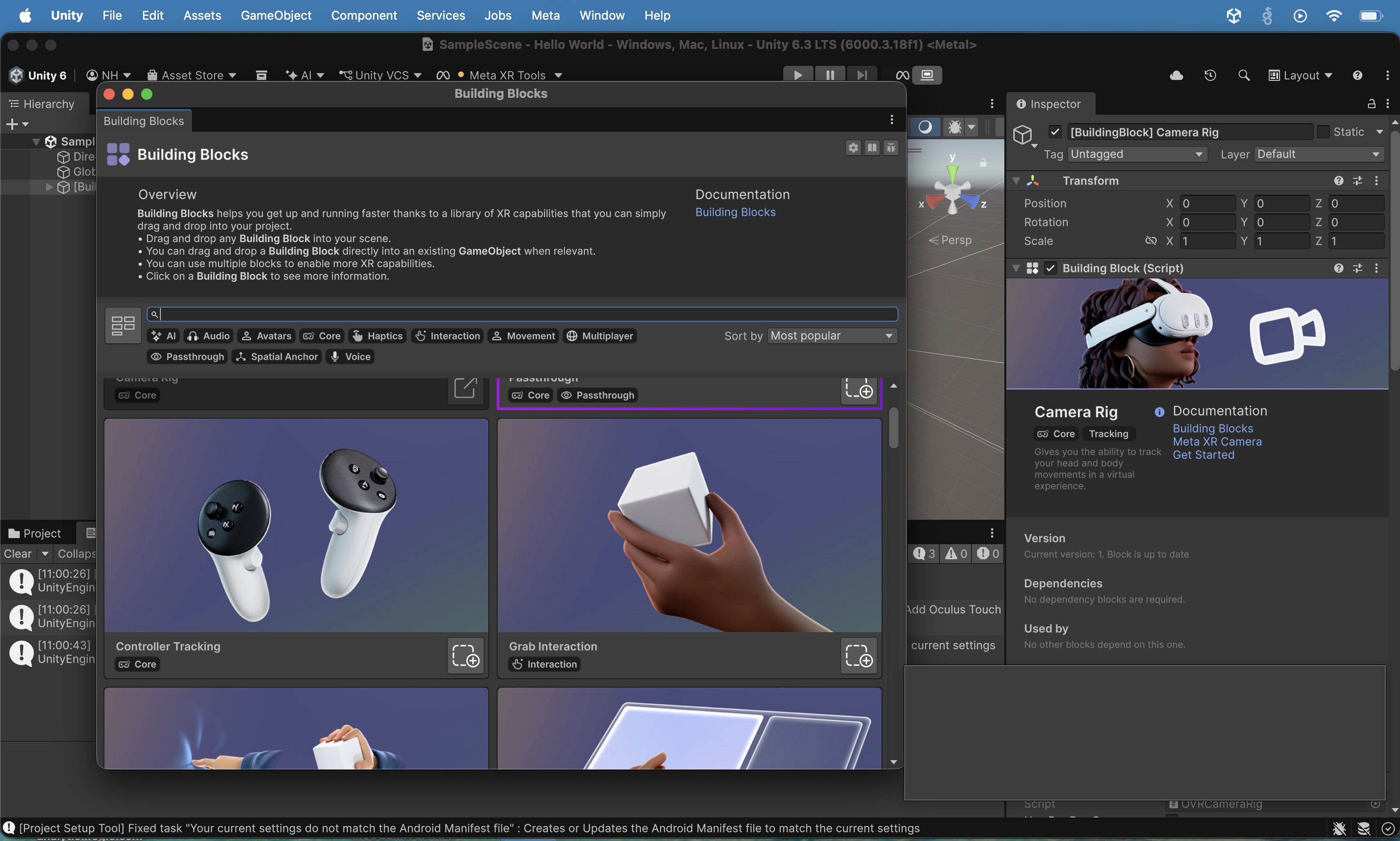 I selected the Camera Rig block and the Inspector showed its description: "Gives you the ability to track your head and body movements in a virtual experience", with links to Building Blocks and Meta XR Camera documentation. I dropped a "Grab Interaction" block.