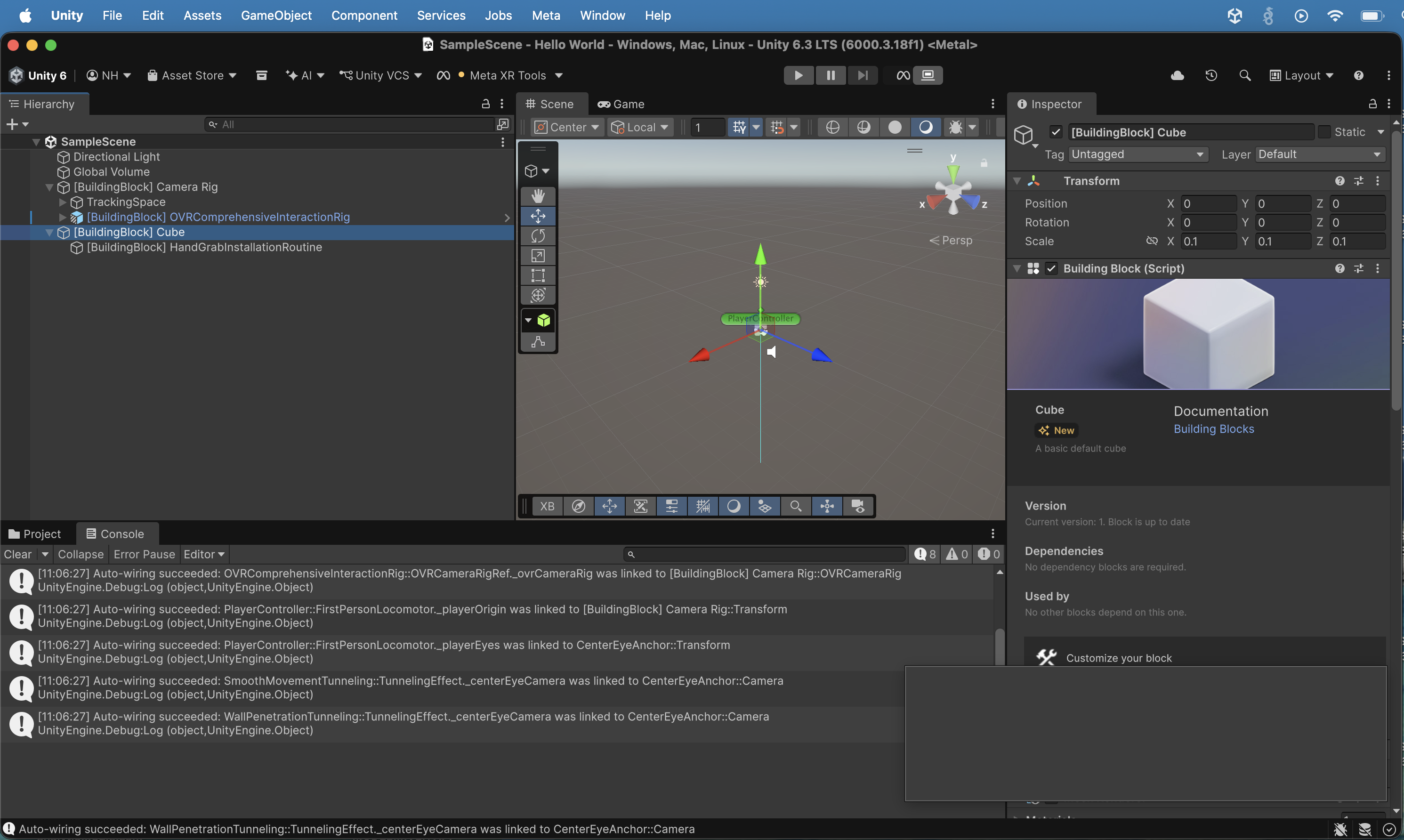 I added a Camera Rig and Cube block to the scene; the Hierarchy showed the OVRComprehensiveInteractionRig and [BuildingBlock] Cube GameObjects, and the Scene view showed the Camera Rig at the origin.