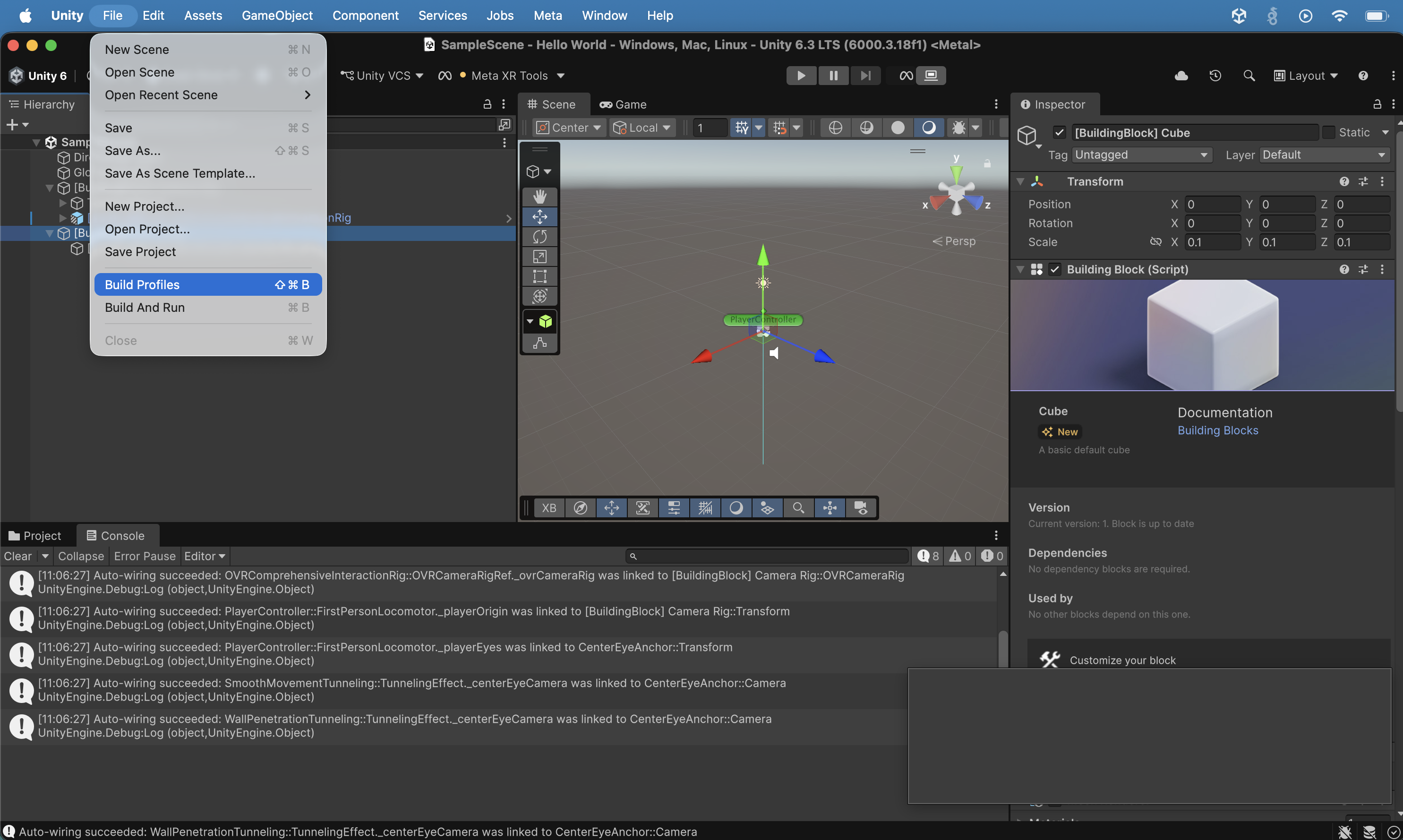 I opened File > Build Profiles (Shift+Cmd+B) with the Build Profiles option highlighted in the menu.