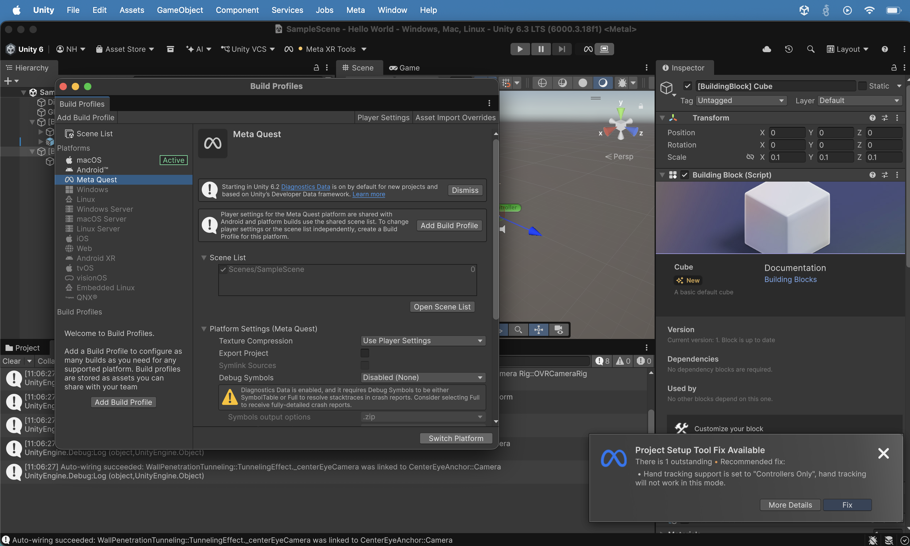 The Build Profiles window opened with "macOS" selected as the active platform. I selected "Meta Quest" and clicked the "Switch Platform" button