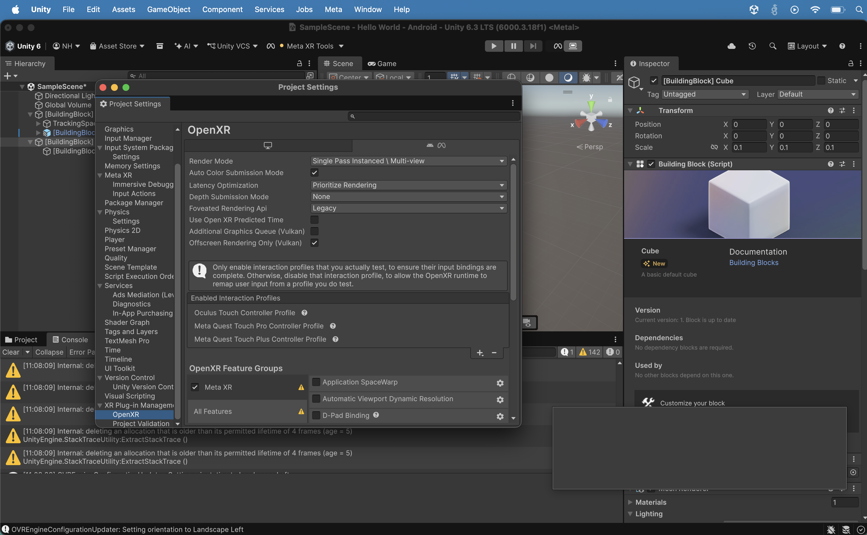 I viewed the OpenXR settings showing Render Mode: Single Pass Instanced / Multi-view, the three enabled Interaction Profiles (Oculus Touch, Meta Quest Touch Pro, Meta Quest Touch Plus), and the OpenXR Feature Groups (Meta XR and All Features, both with warnings).
