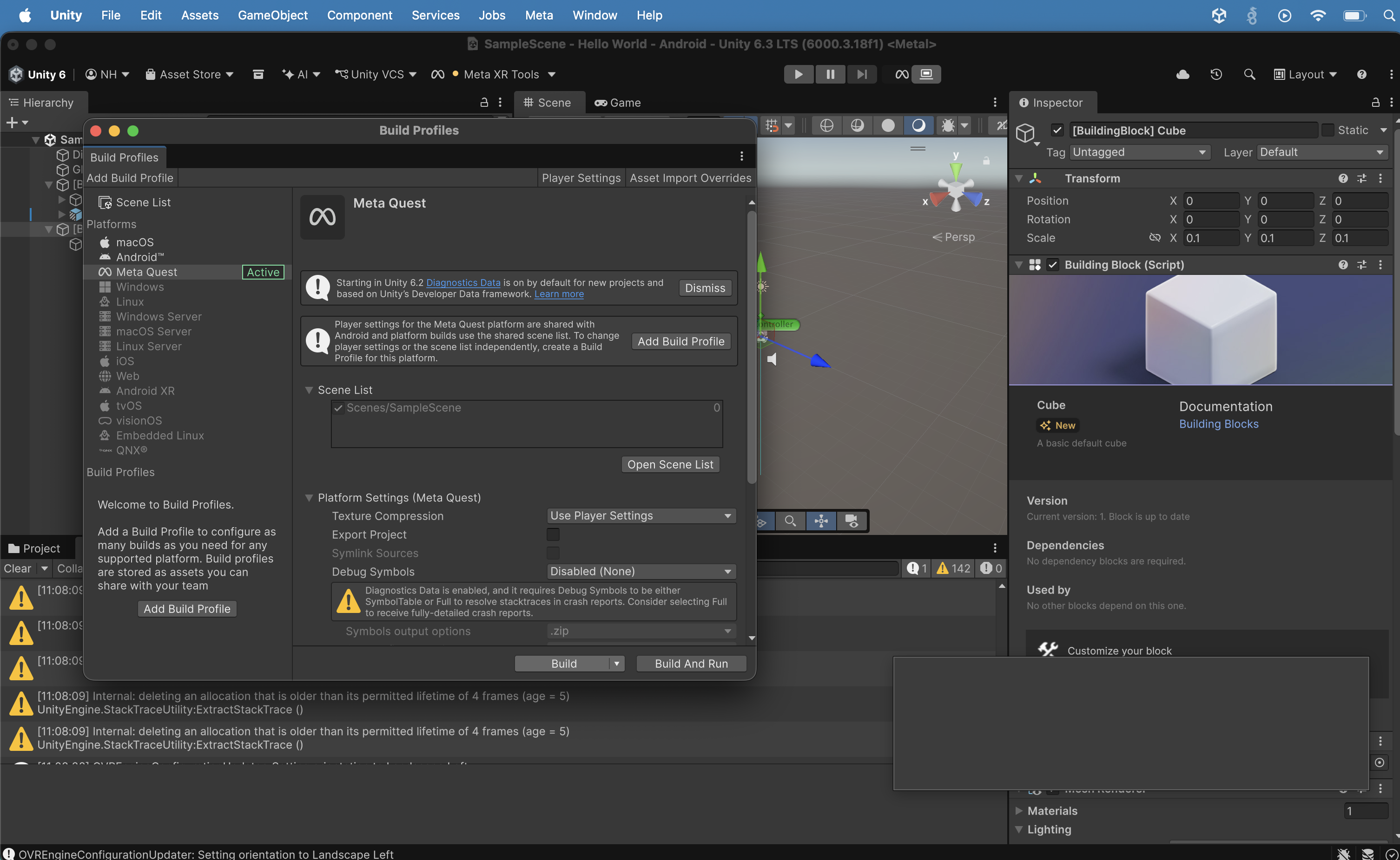 The Build Profiles window showed Meta Quest as the active platform with the Scene List (Scenes/SampleScene) and Platform Settings, with Build and Build And Run buttons ready. I clicked the Build Button.