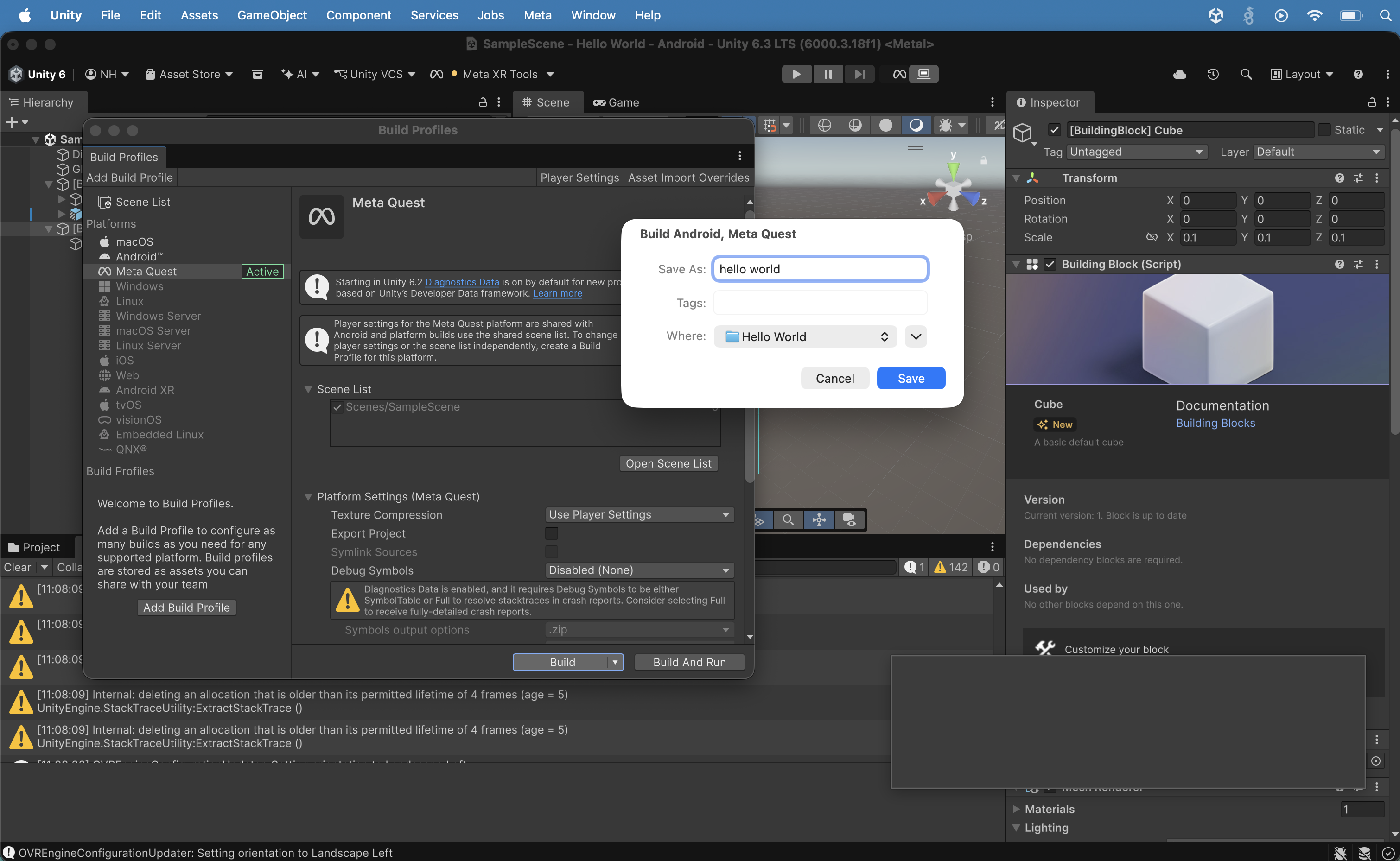 A "Build Android, Meta Quest" save dialog appeared with the filename "hello world" and the Hello World project folder selected.