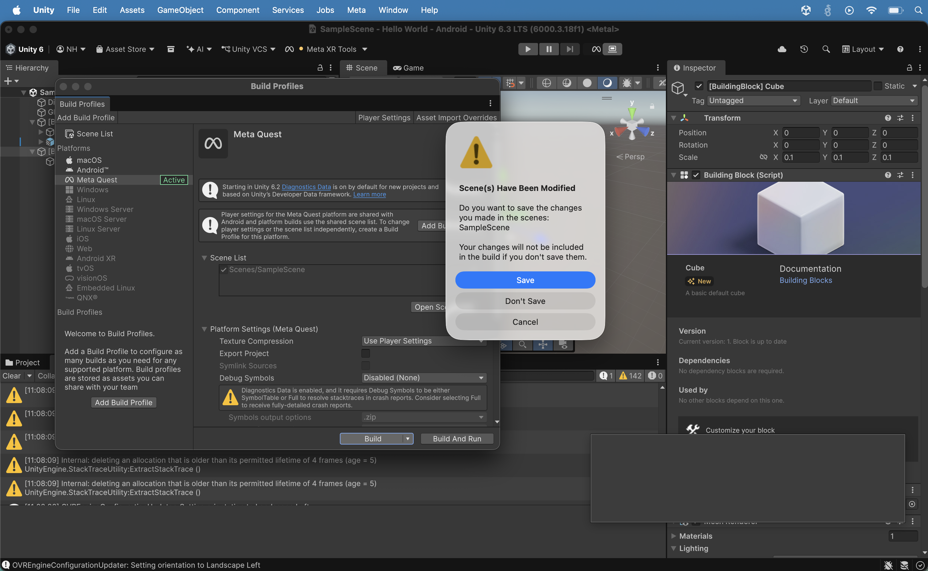 A "Scene(s) Have Been Modified" dialog appeared asking whether to save changes to SampleScene before the build; I clicked Save.