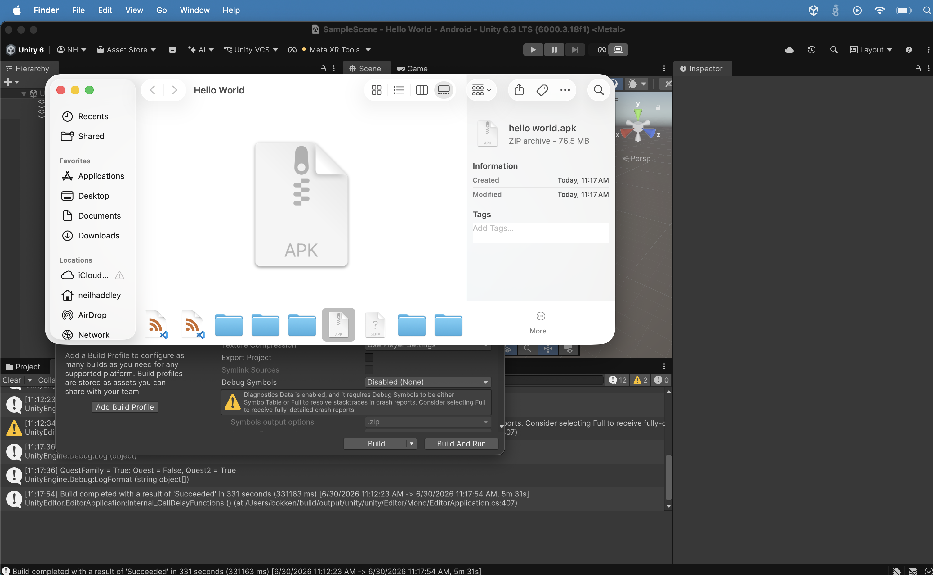 The build completed successfully in 331 seconds, and Finder showed the Hello World project folder containing the resulting hello world.apk file (ZIP archive, 76.5 MB), created at 11:17 AM.