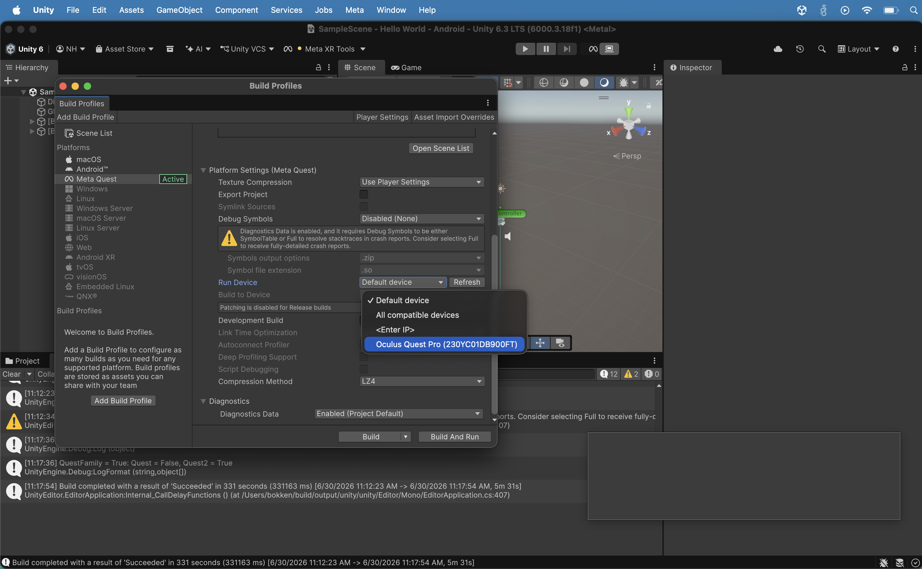 I connected my Meta Quest Pro to my Macbook with a USB C cable, I opened the Run Device dropdown in Build Profiles and selected "Oculus Quest Pro (230YC01DB900FT)" from the device list.