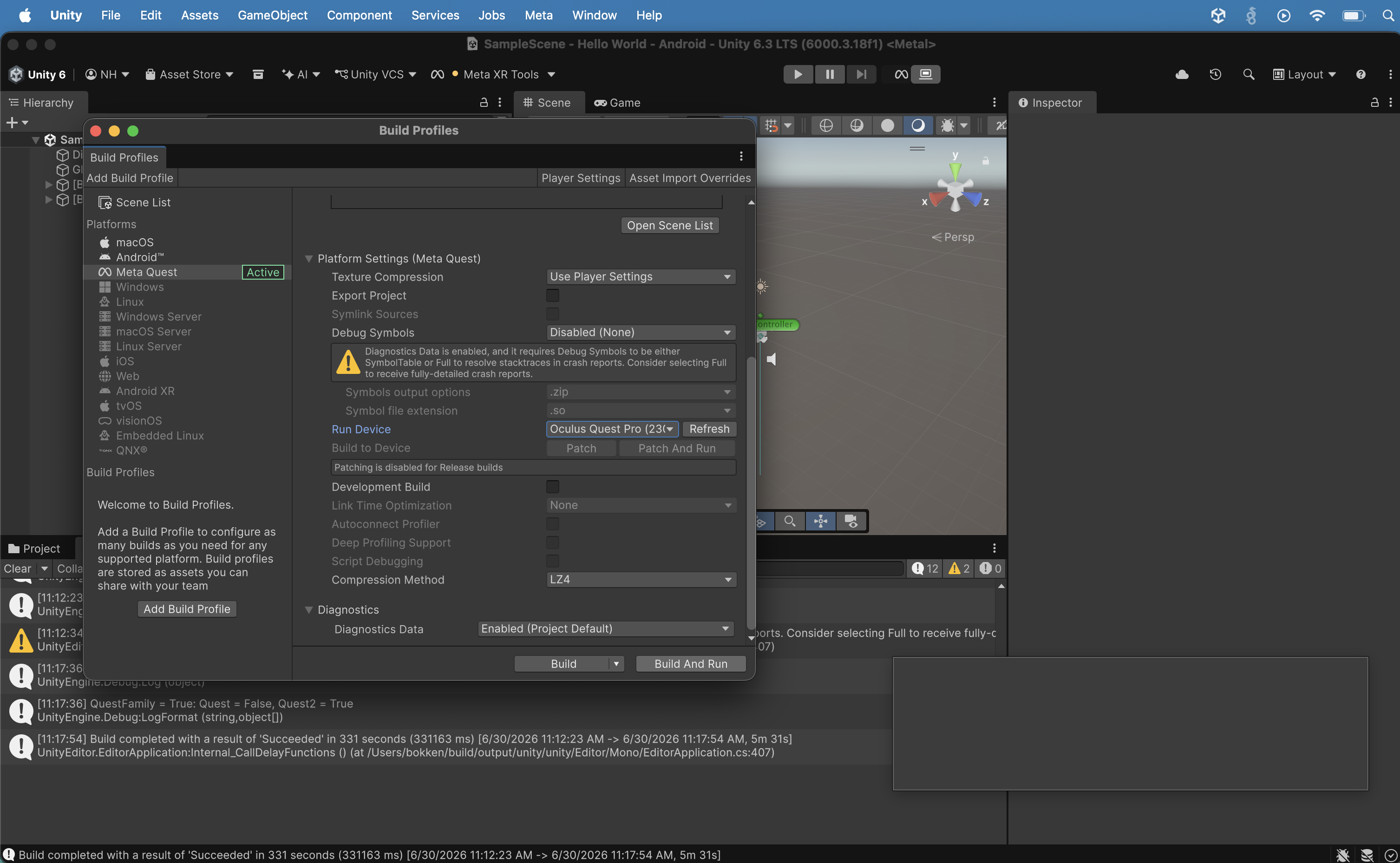The Build Profiles window showed the Oculus Quest Pro selected as the Run Device, with Patch and Patch And Run build options now available alongside Build and Build And Run. I clicked the "Build And Run" button