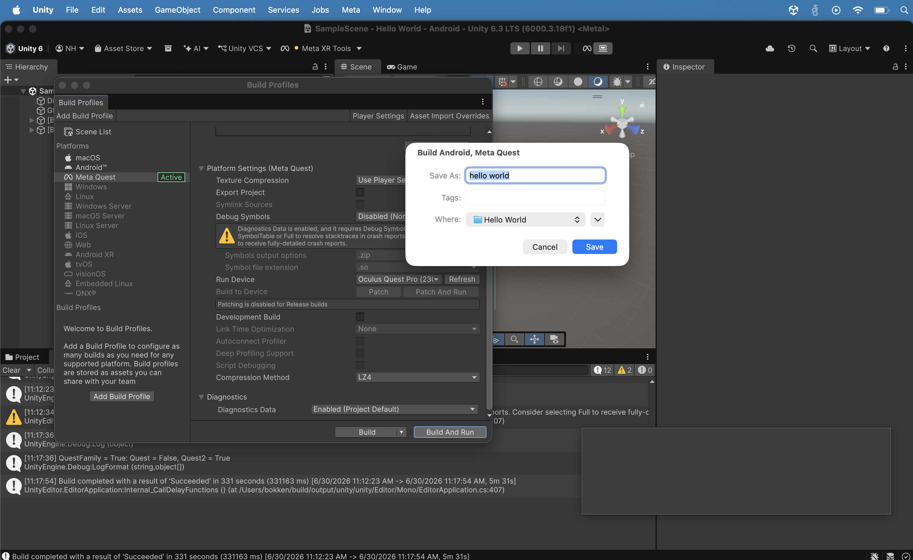 A second "Build Android, Meta Quest" save dialog appeared with "hello world" as the filename and the Hello World folder as the destination.