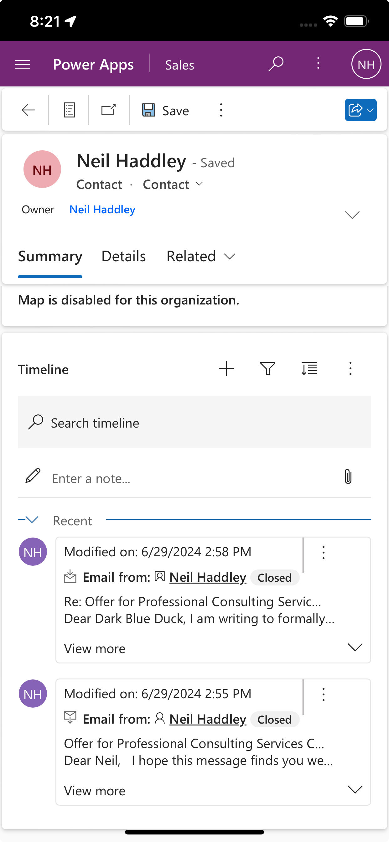 Sales app running on a mobile phone