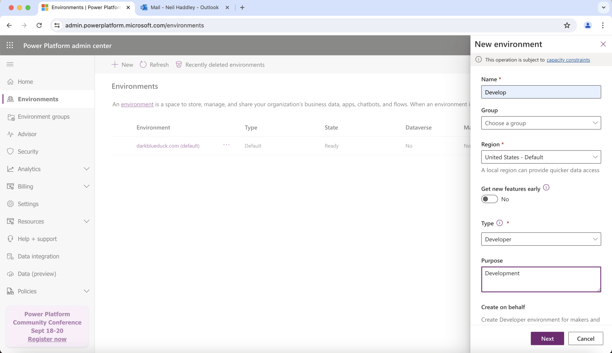 I created a new Power Platform Environment