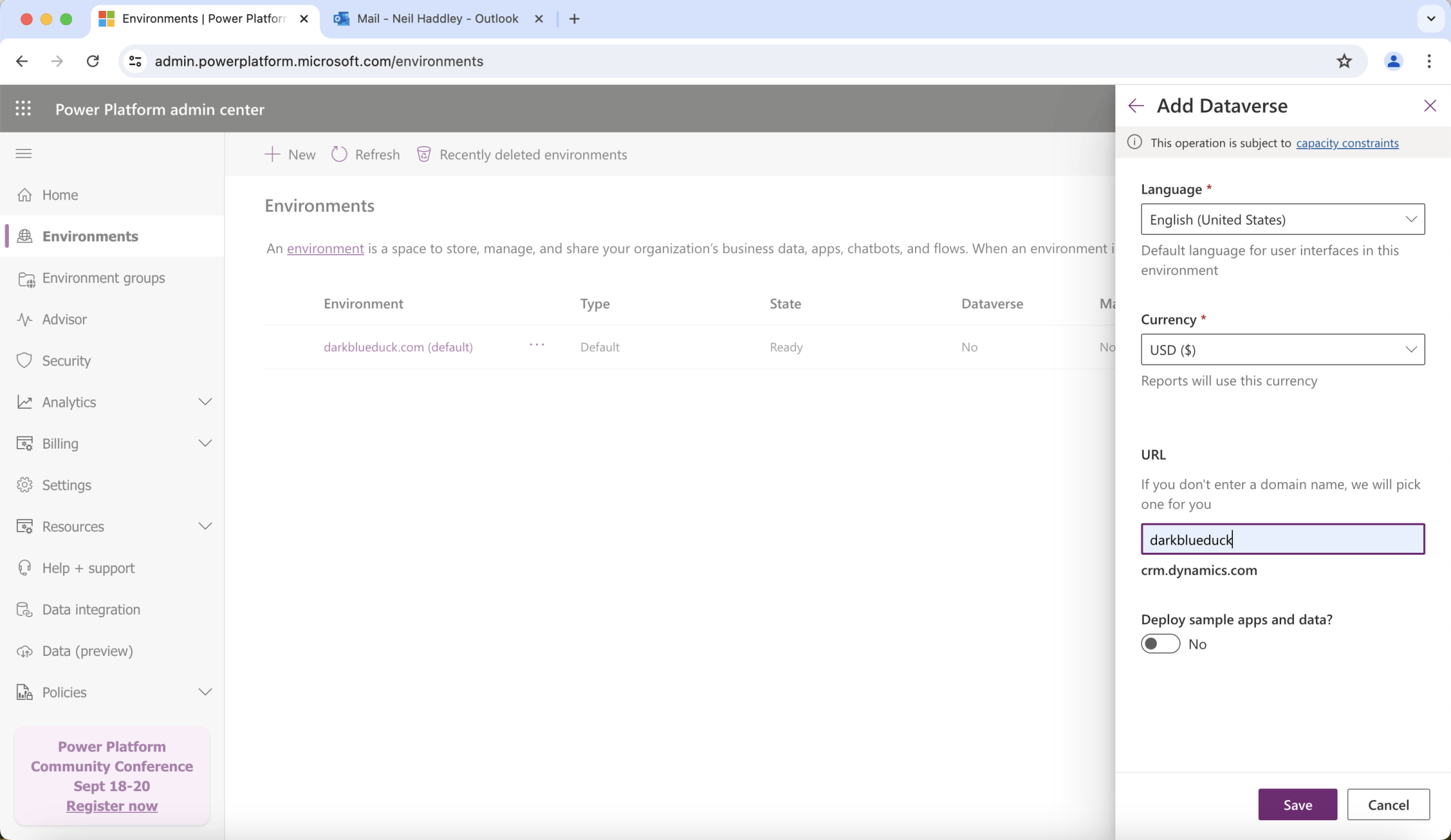 I entered a unique url https://darkblueduck.crm.dynamics.com