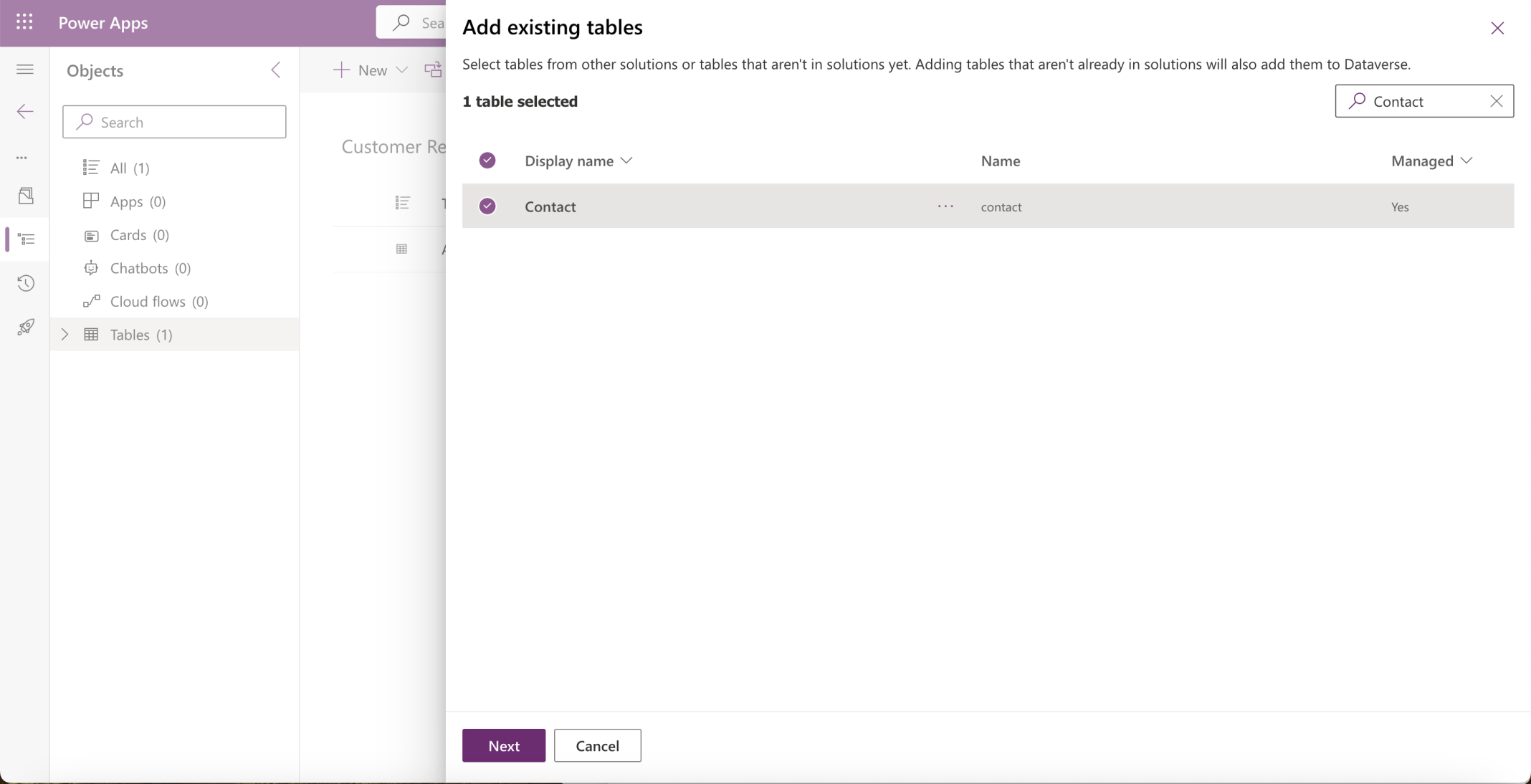 I added the existing Account and Contact tables