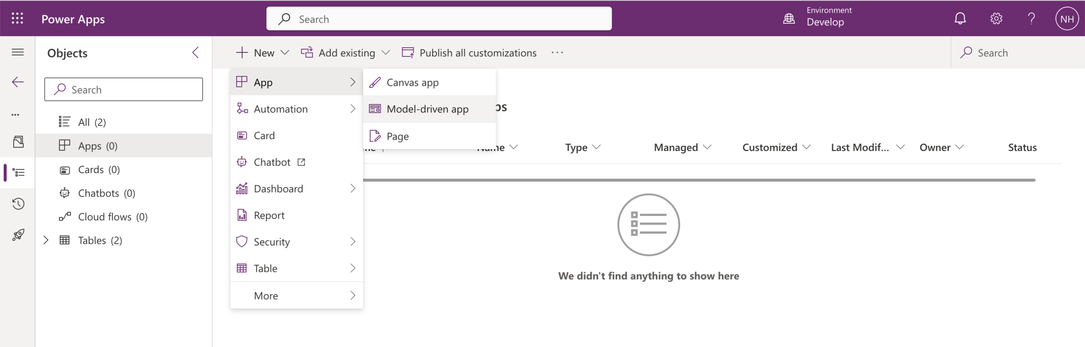 I created a new Model-driven app