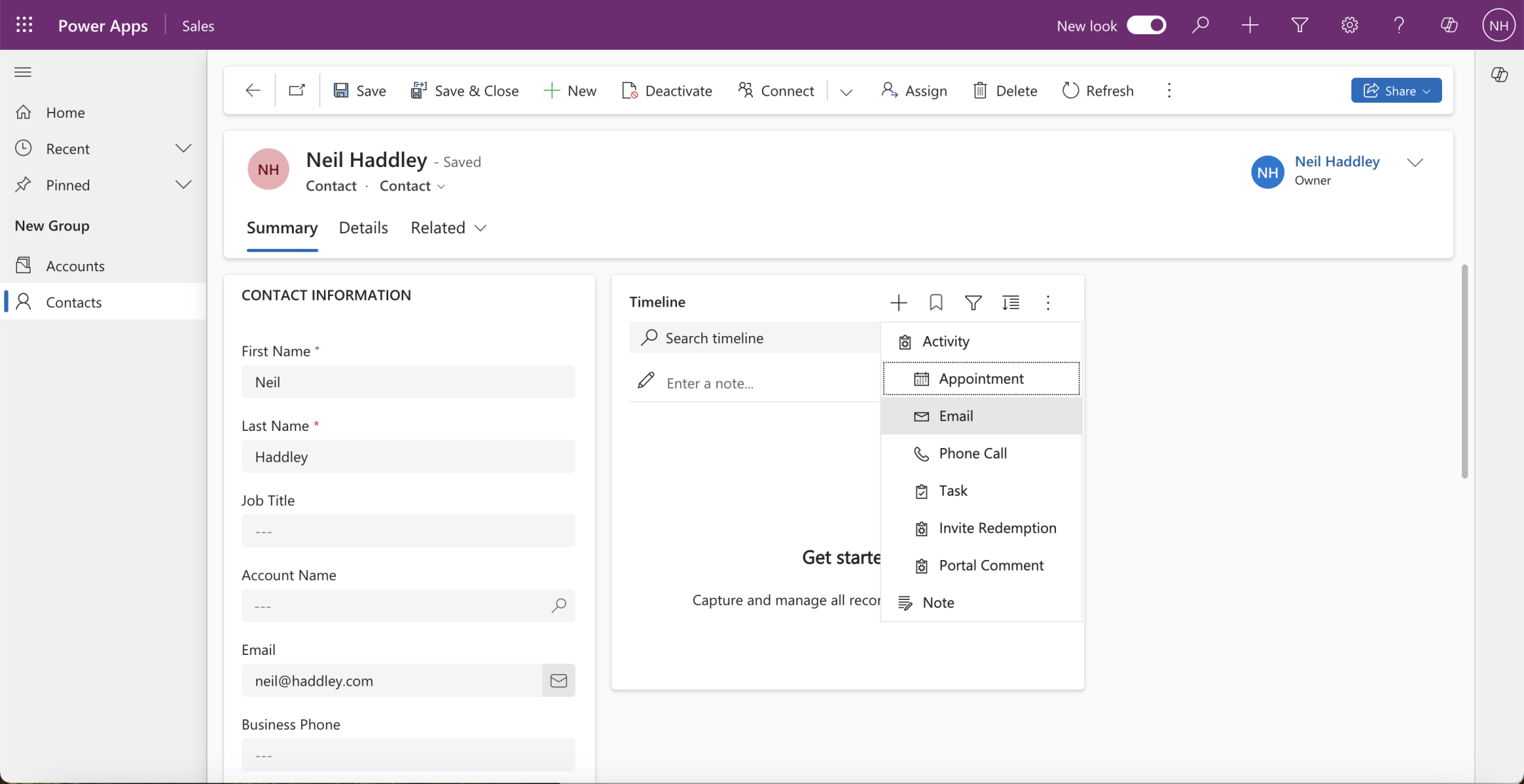 I used the Timeline control to create an Email