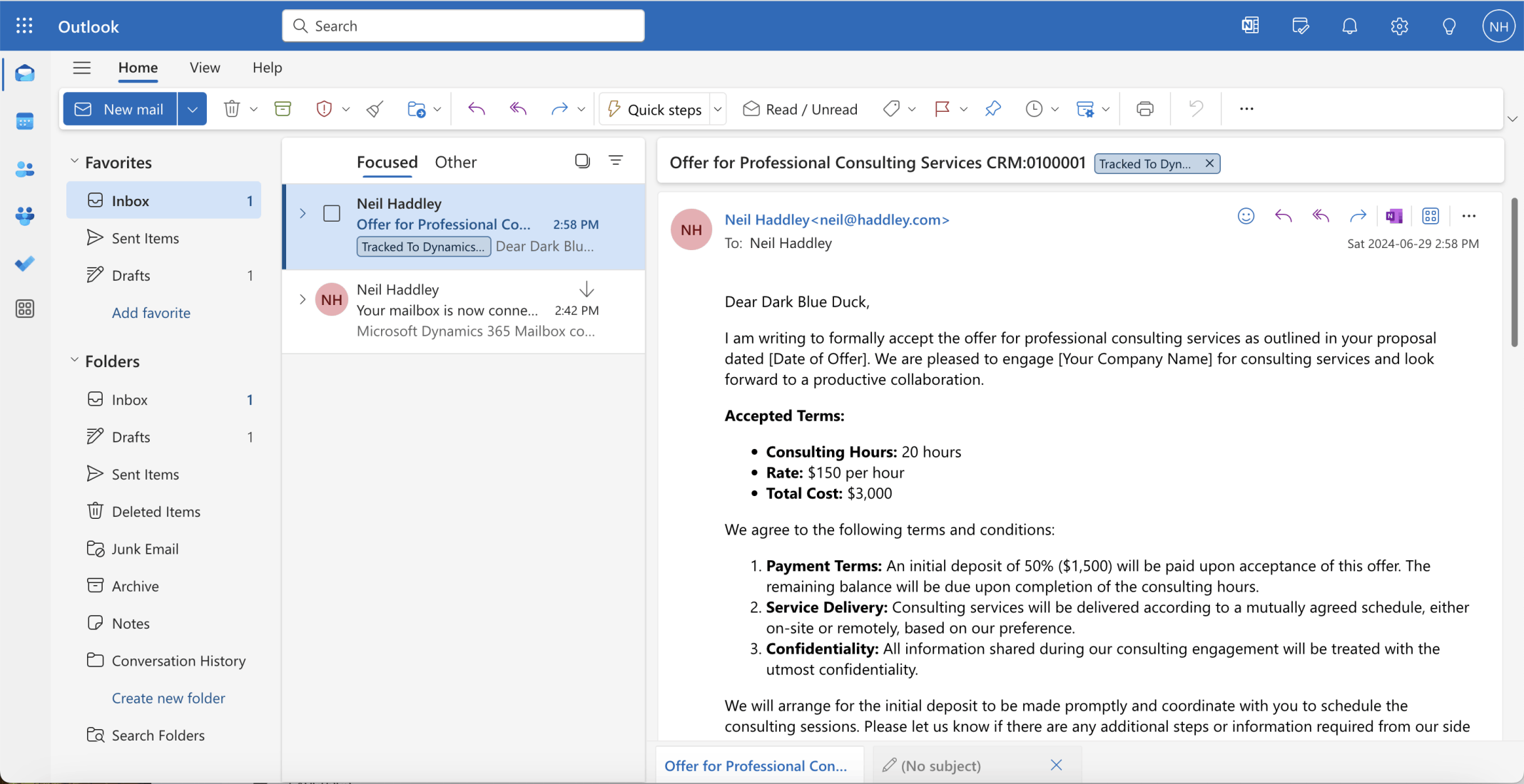The response was received and marked as "Tracked To Dynamics"