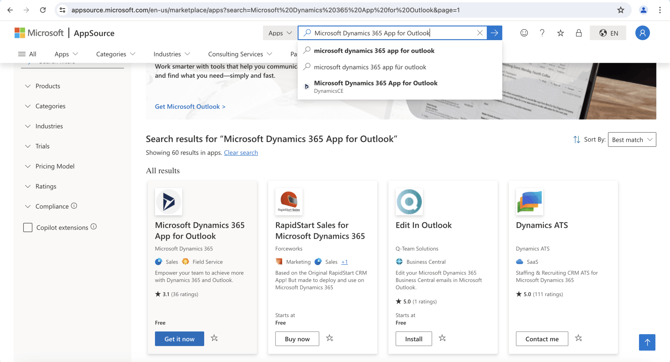 I located the Microsoft Dynamics 365 App for Outlook app and clicked the Get it now button