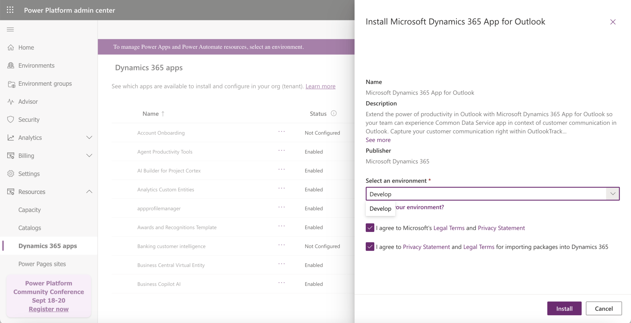 I selected the Develop Environment
