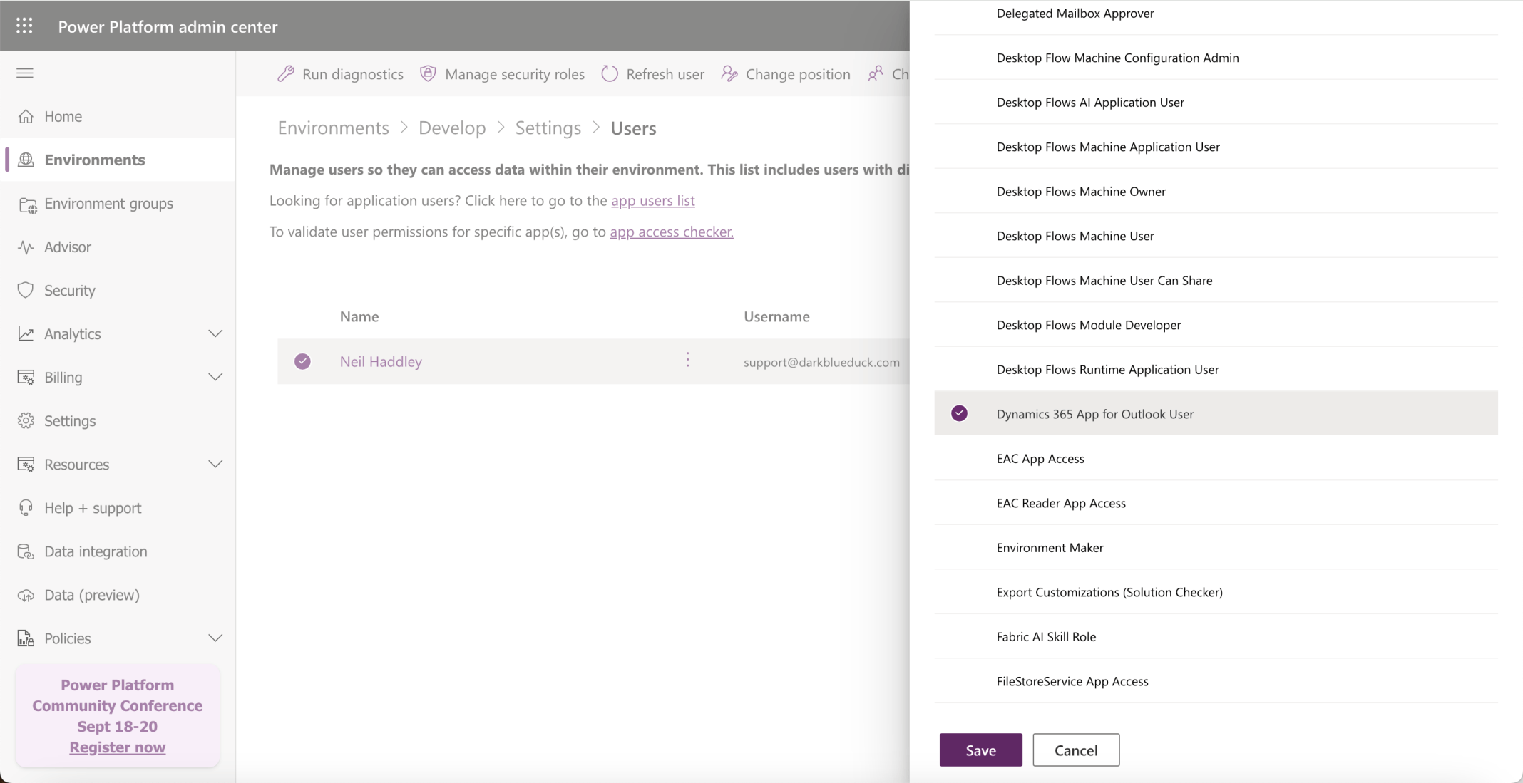 I selected the Dynamics 365 App for Outlook User role and clicked Save