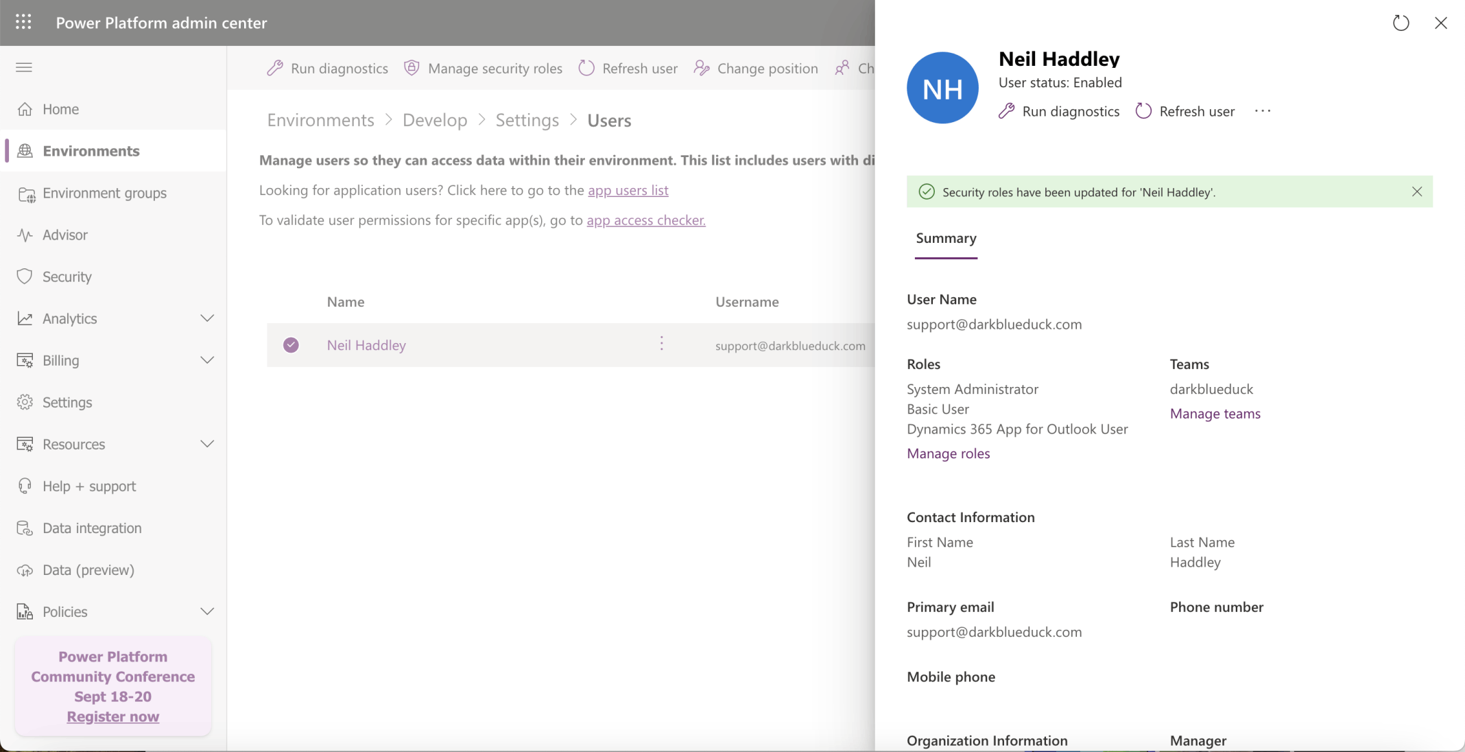 The Dynamics 365 App for Outlook User role was added to the account