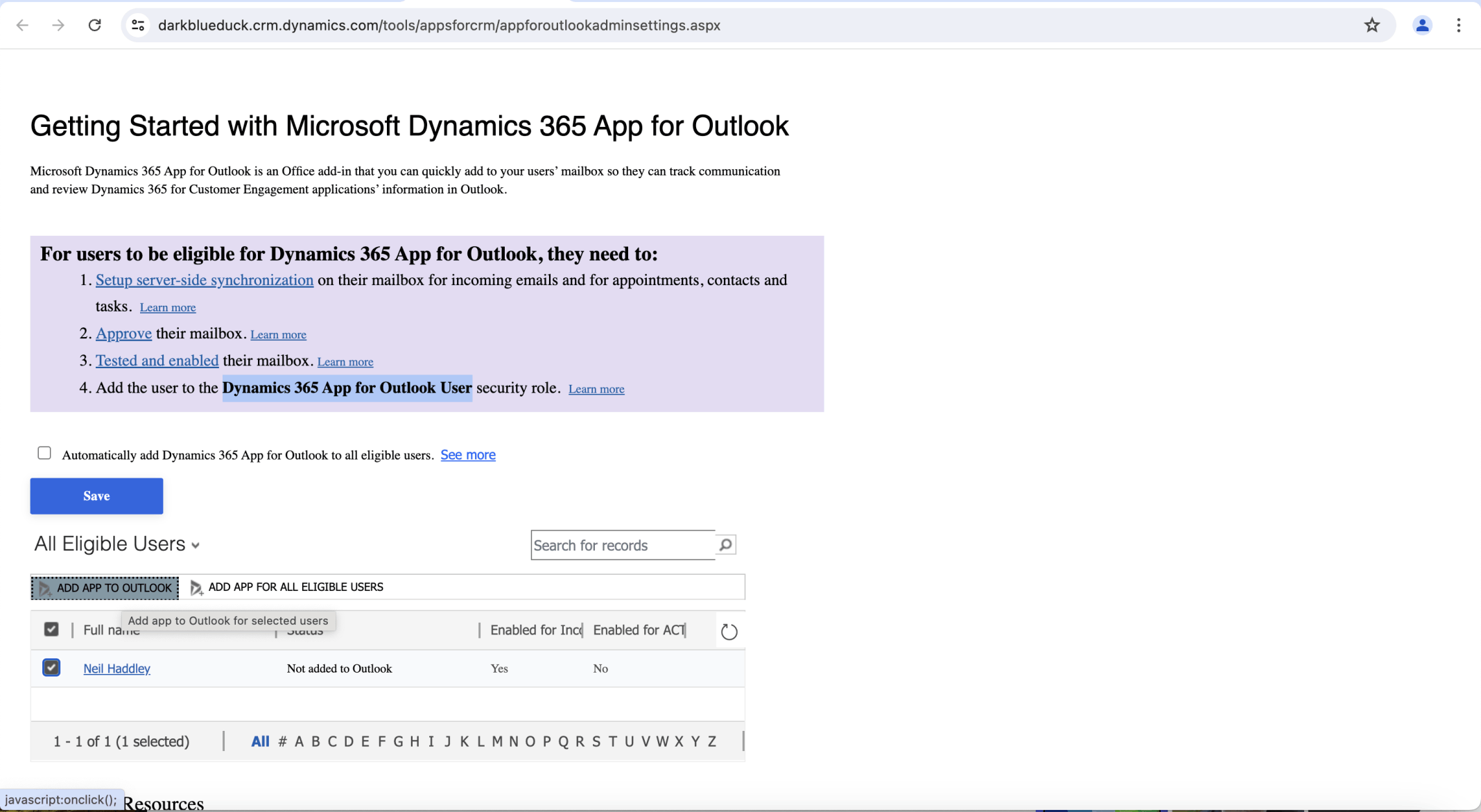 I selected the account and clicked ADD APP TO OUTLOOK