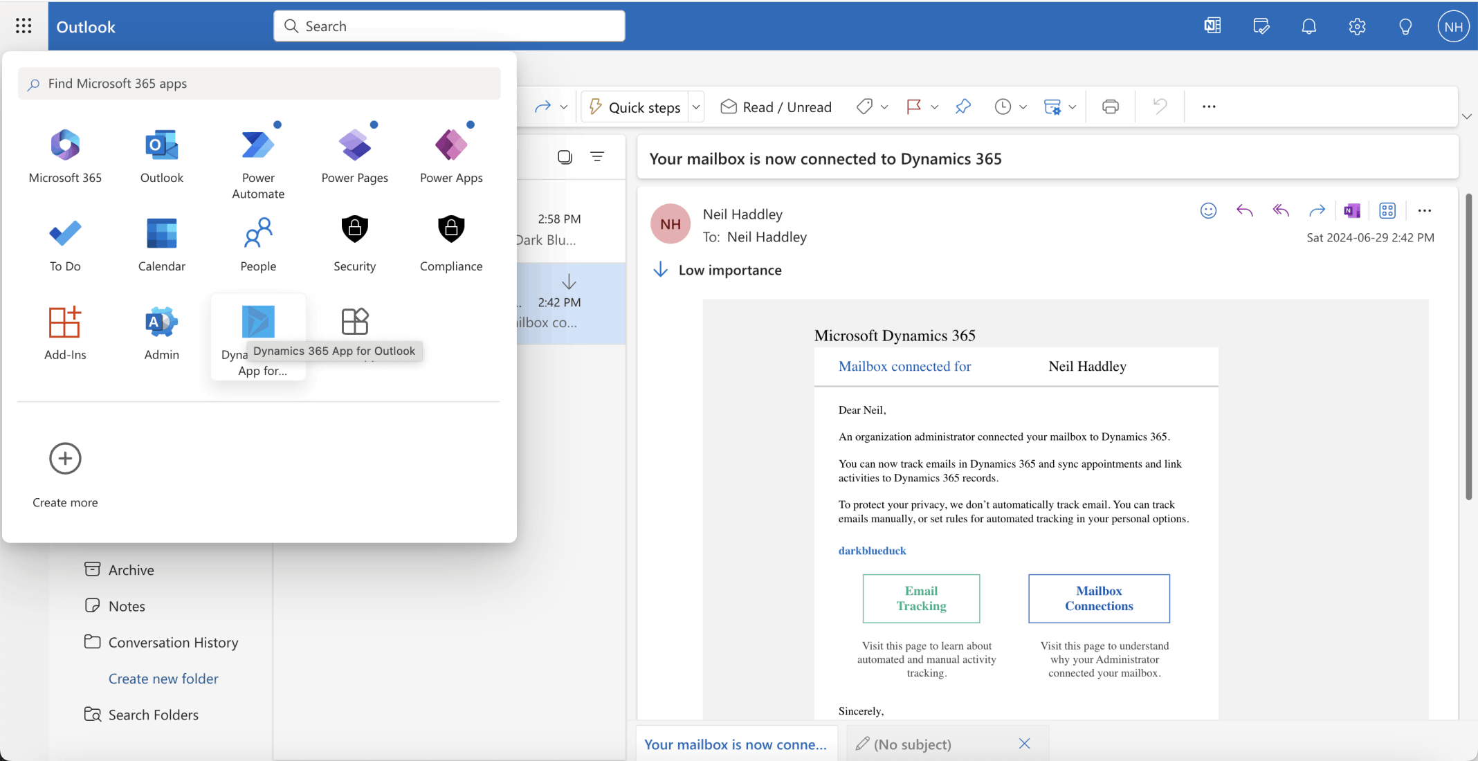 I checked that the Dynamics 365 App for Outlook was added