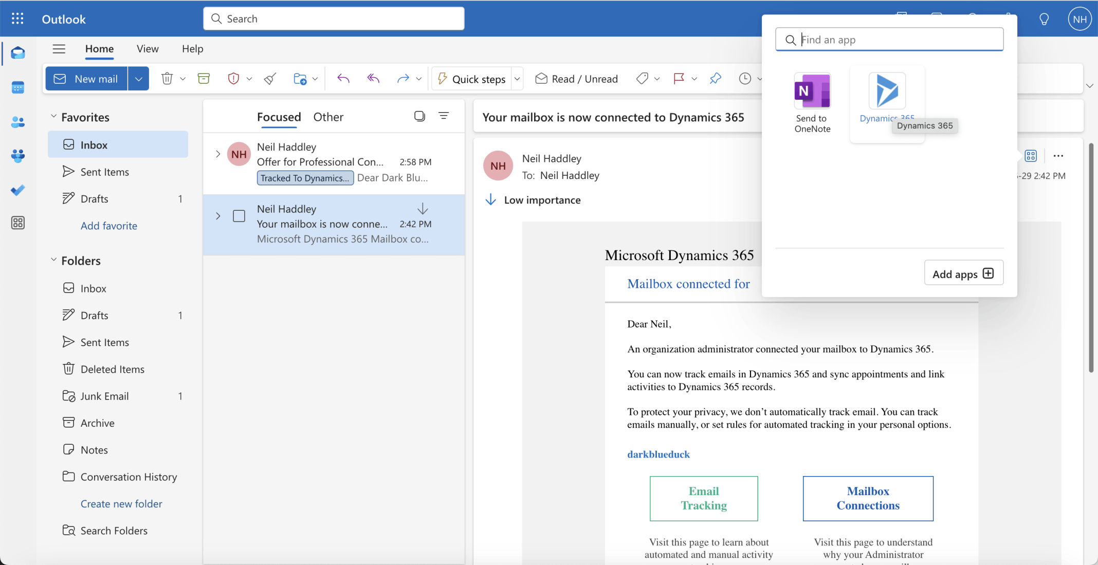 I selected the notification email and clicked the Dynamics 365 app