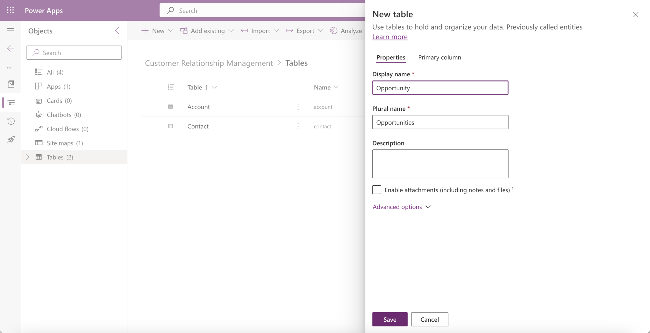 I added an Opportunity table to the Customer Relationship Management solution