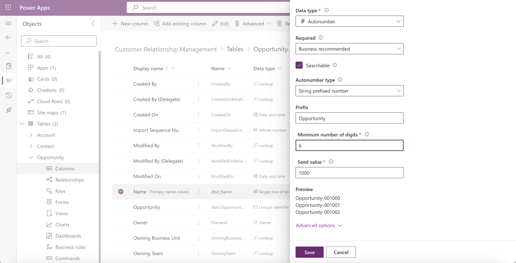 I updated the Name column to be an automatically generated value