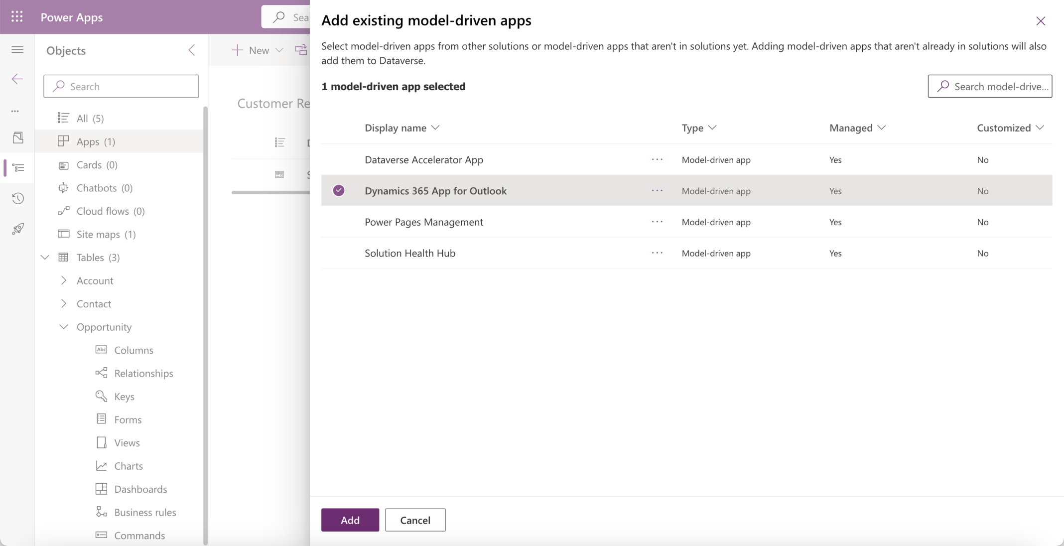 I added the existing Dynamics 365 App for Outlook app