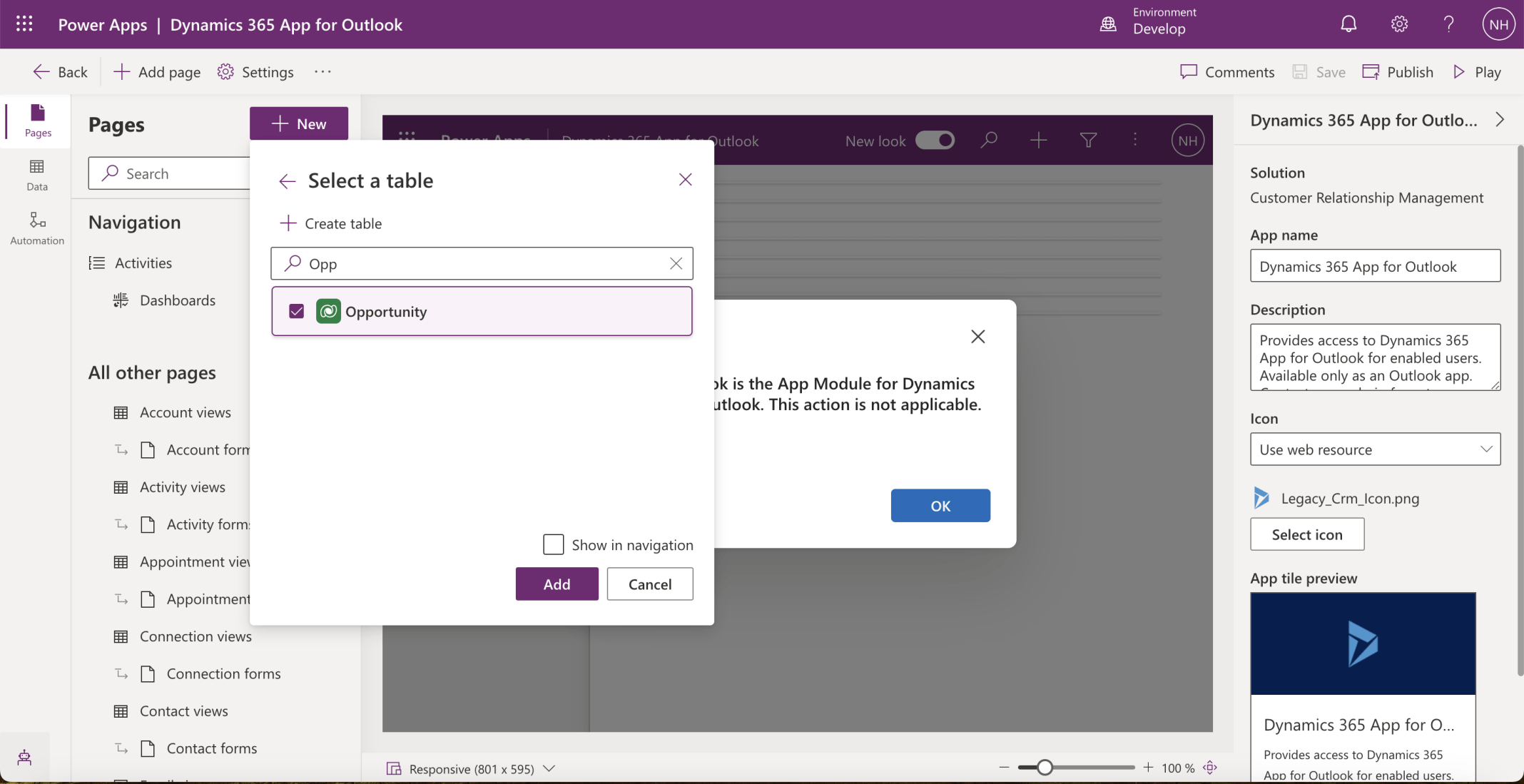 I added the Opportunity table (no need to show in navigation)