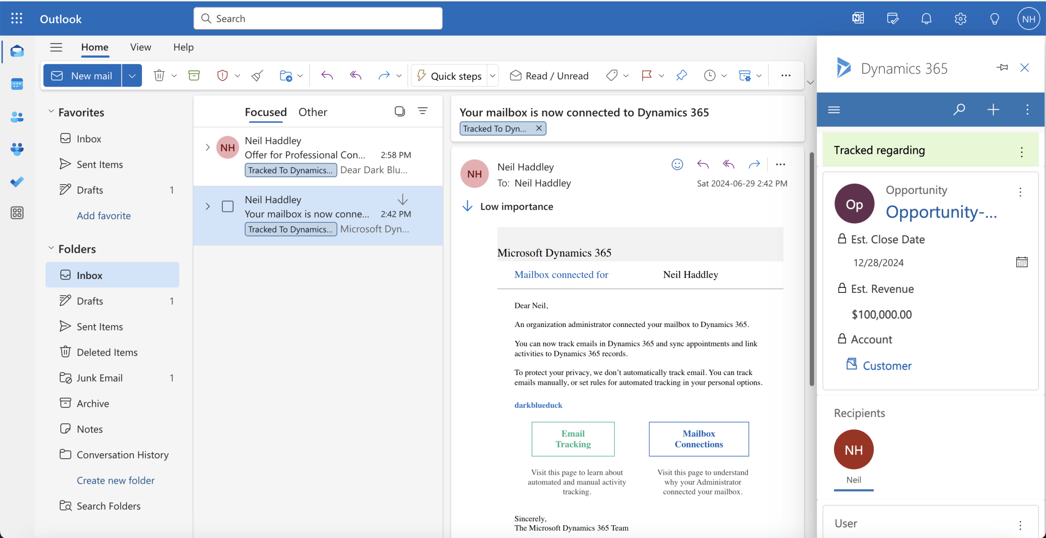 Clicking on the Tracked email displays the Quick View form contents