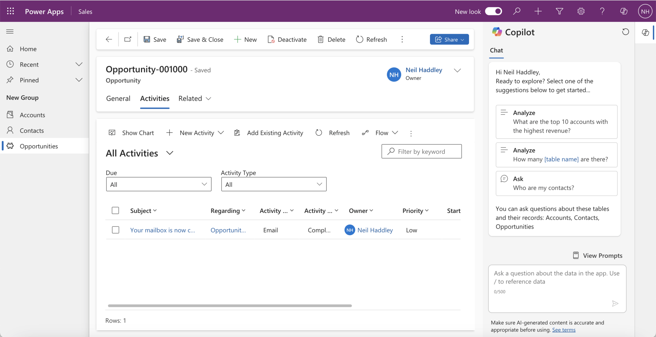The email was displayed in the Related Activities tab