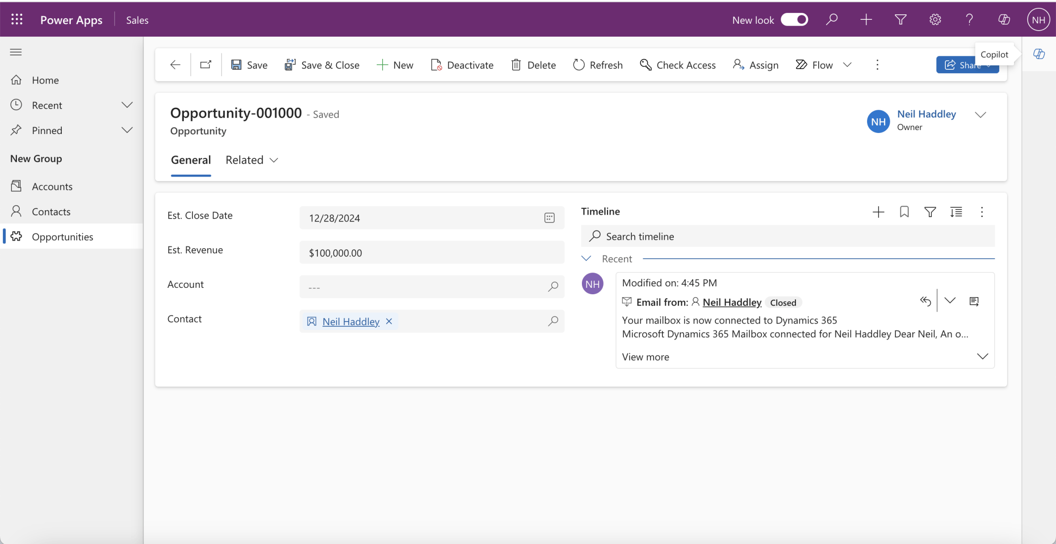 The related email was displayed
