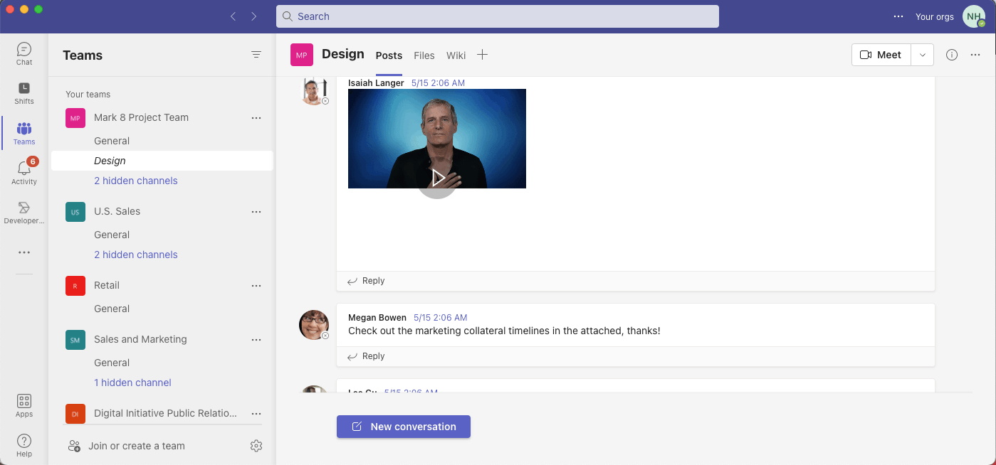 The Mark 8 Project Team's Team includes a General and a Design channel.