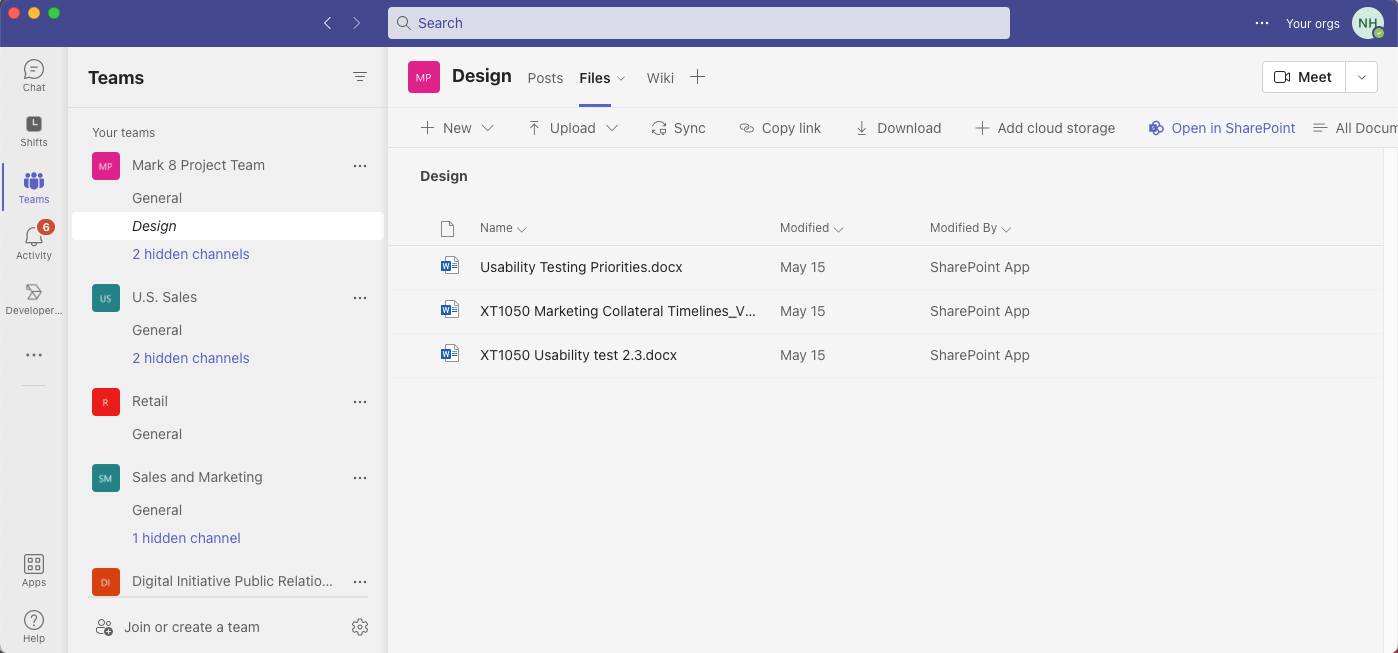 The Design channel's files can be accessed without leaving the Teams application. The Design channel's files can also be accessed using the SharePoint user interface (using the "Open in SharePoint" menu item)