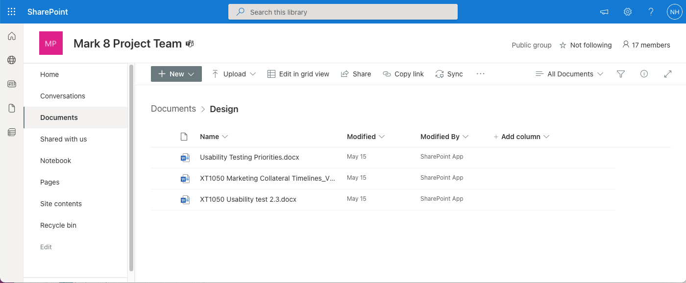 In the SharePoint user interface it is clear that the Design channel's files are stored a the "Design" Folder in the shared "Documents" Document Library in the "Mark 8 Project Team" SharePoint site