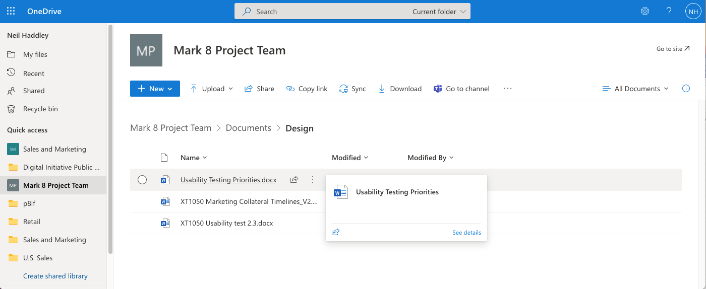 The "Documents" Document Library in the "Mark 8 Project Team" site can also be accessed using the One Drive user interface.