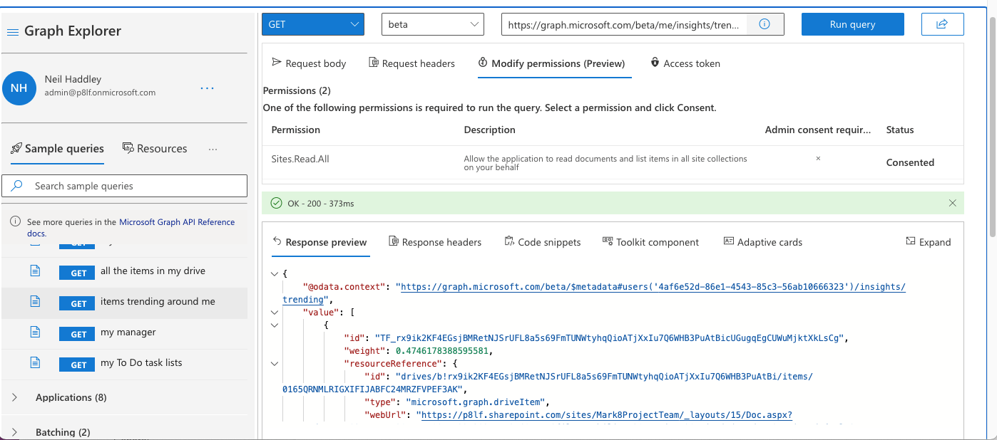 GET items trending around me - https://graph.microsoft.com/beta/me/insights/trending