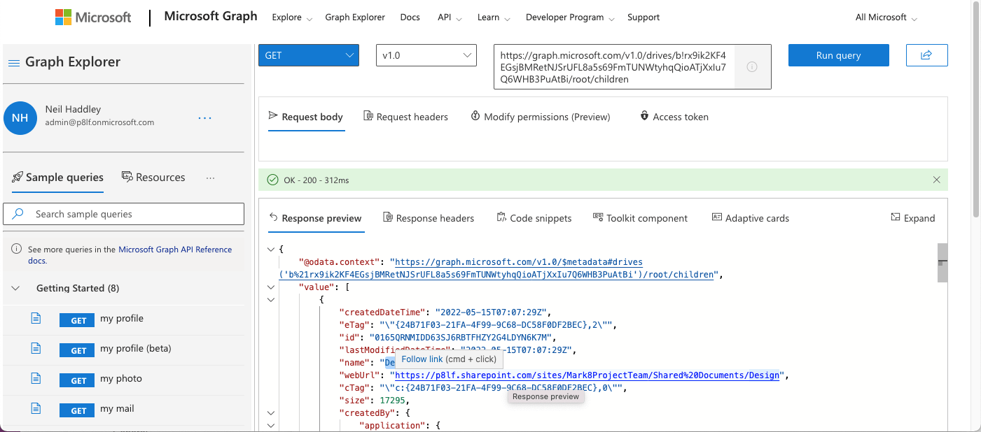 GET all the items in specified drive - https://graph.microsoft.com/v1.0/drives/{driveid}/root/children -https://graph.microsoft.com/v1.0/drives/b!rx9ik2KF4EGsjBMRetNJSrUFL8a5s69FmTUNWtyhqQioATjXxIu7Q6WHB3PuAtBi/root/children