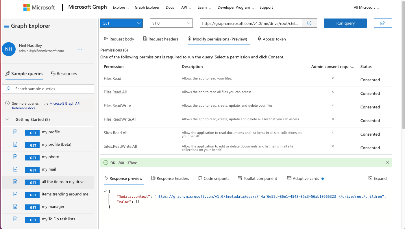 GET all the items in my (one) drive (root folder) - https://graph.microsoft.com/v1.0/me/drive/root/children