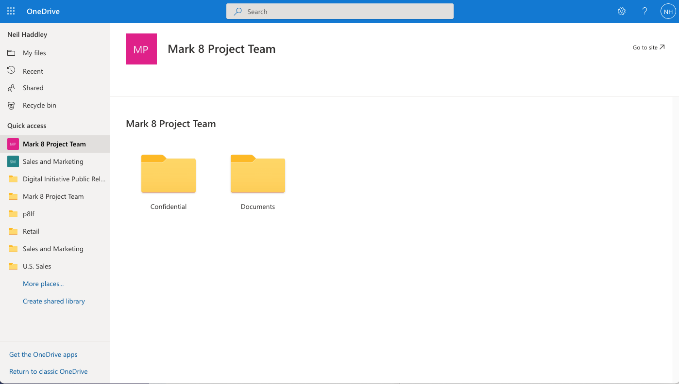 The One Drive user interface can be used to show that there is a second "Confidential" Document Library in the "Mark 8 Project Team" Site.