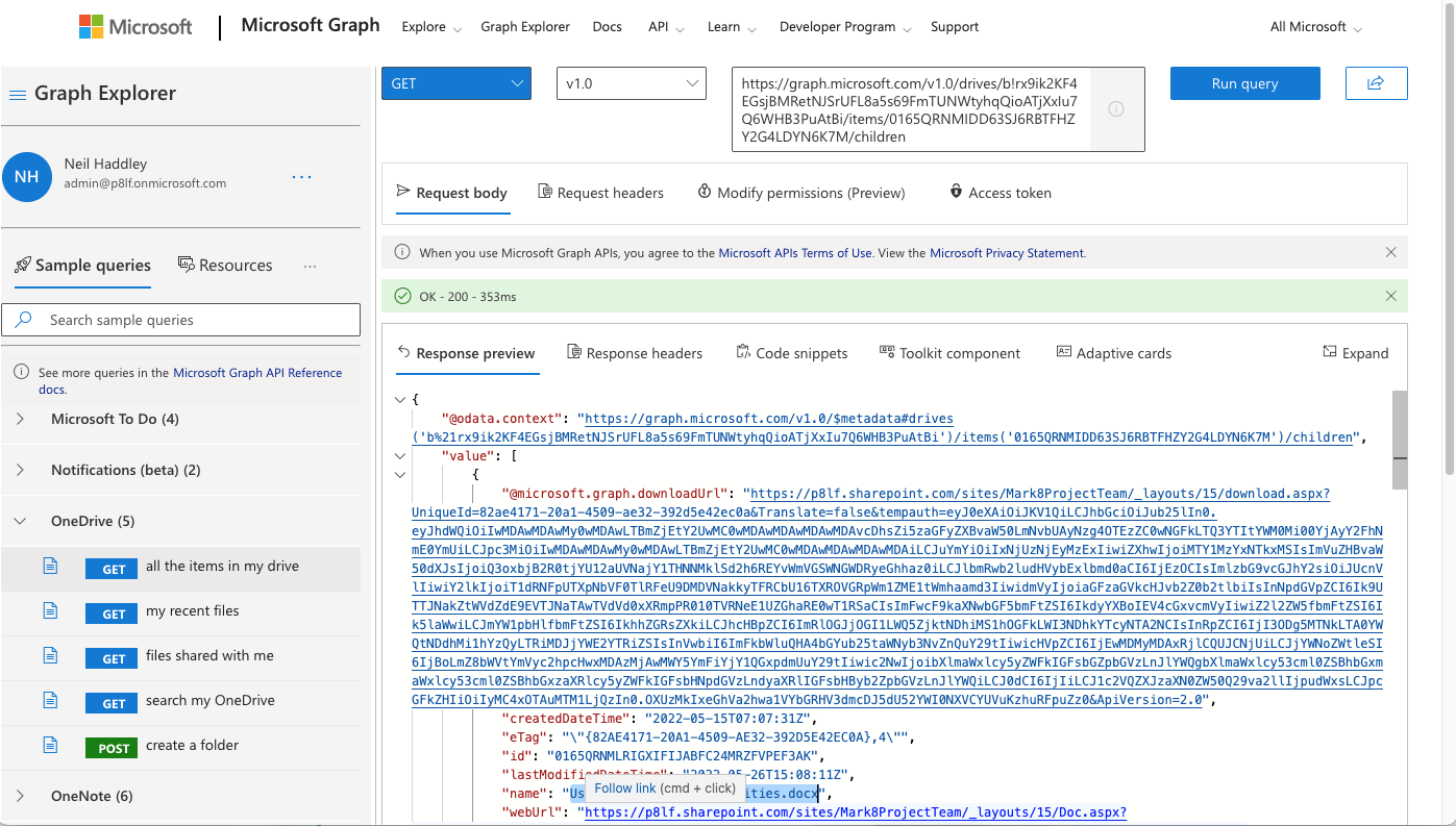 GET all the items in specified folder in the specified drive - https://graph.microsoft.com/v1.0/drives/{driveid}/items/{folderid}/childrenhttps://graph.microsoft.com/v1.0/drives/b!rx9ik2KF4EGsjBMRetNJSrUFL8a5s69FmTUNWtyhqQioATjXxIu7Q6WHB3PuAtBi/items/0165QRNMIDD63SJ6RBTFHZY2G4LDYN6K7M/children