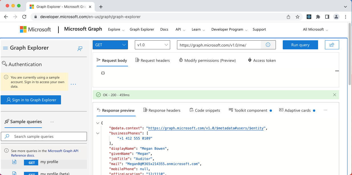 Here I am using the Graph Explorer without signing in to my Active Directory account (using a sample account)