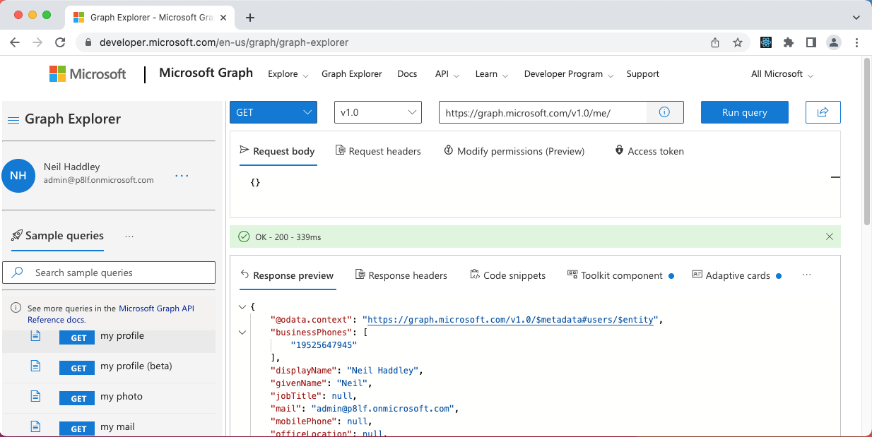 I can retrieve my profile details using a "/me/" request. GET my profile - https://graph.microsoft.com/v1.0/me/