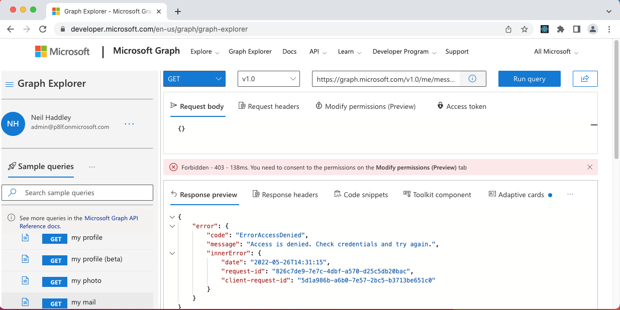 access denied - https://graph.microsoft.com/v1.0/me/messages