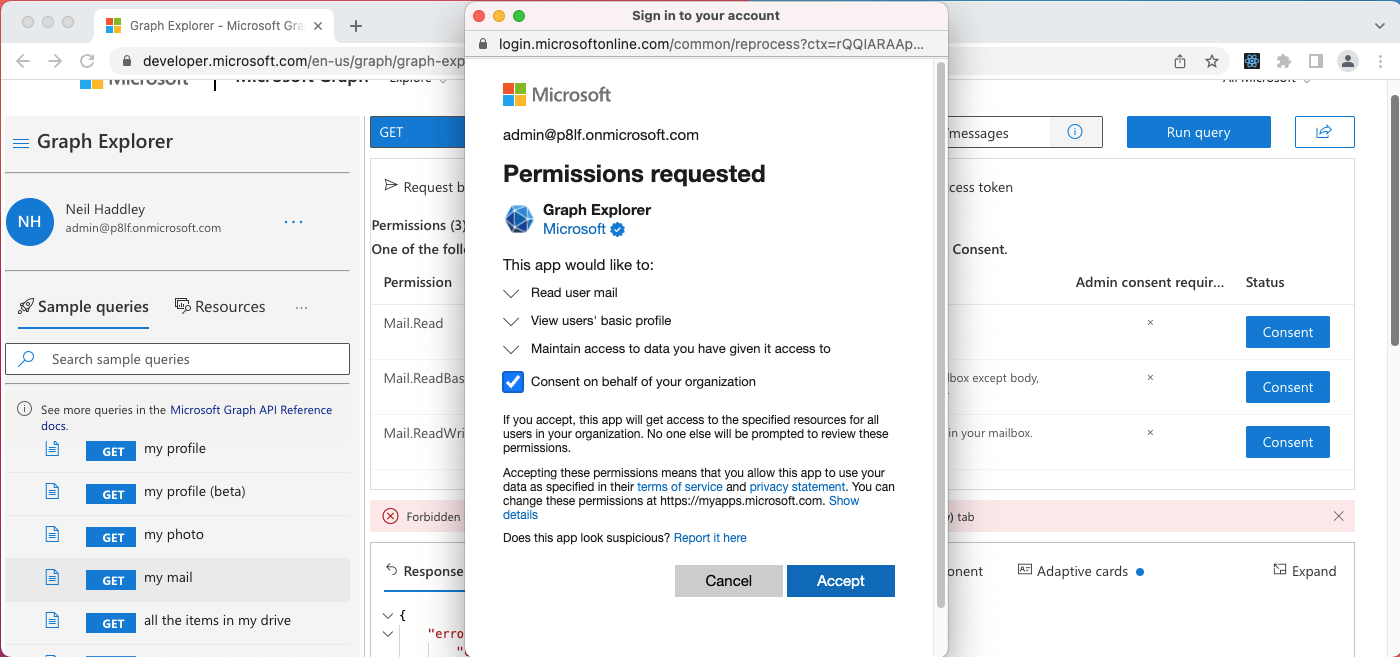 Here the administrator grants this application (Graph Explorer) permission to access a user's email messages (on that user's behalf).