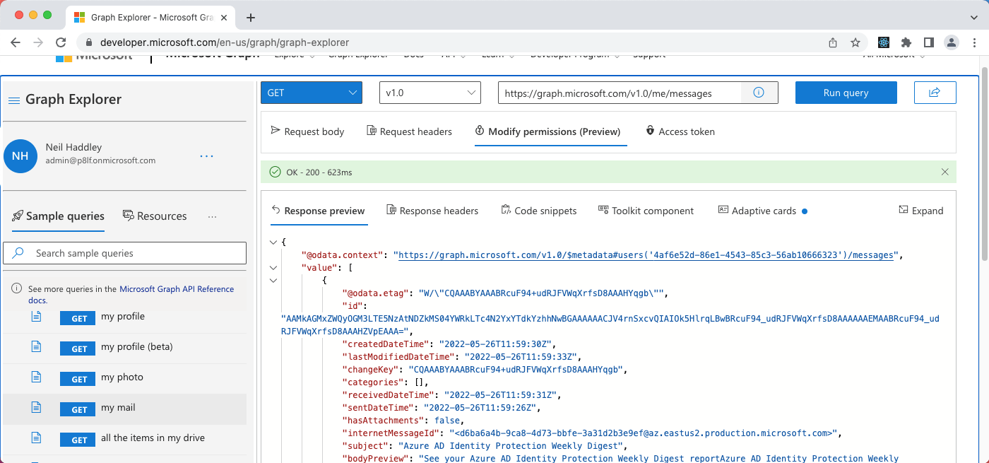GET my mail - https://graph.microsoft.com/v1.0/me/messages