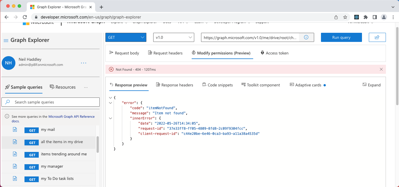 A second consent is needed to allow this application (Graph Explorer) to access a user's One drive and SharePoint online files (on that user's behalf) - https://graph.microsoft.com/v1.0/me/drive/root/children